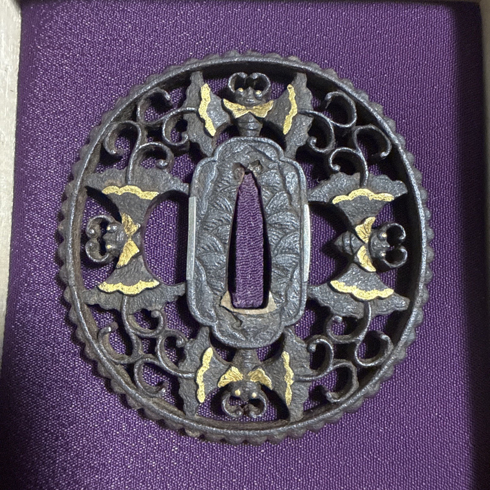 Antique Japanese Iron Tsuba – Butterfly Arabesque Openwork with Gold Highlights