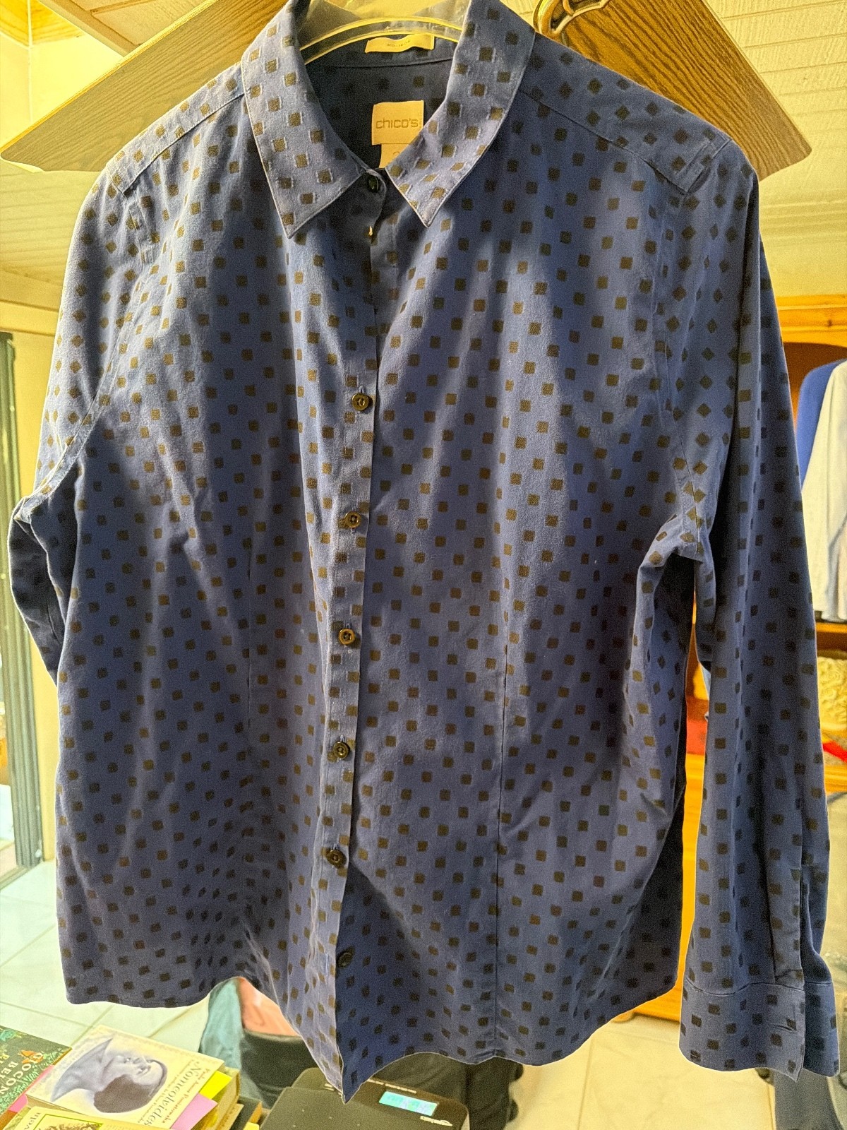 Chico’s no iron blue and black button up shirt Chico’s no iron blue and black button up shirt