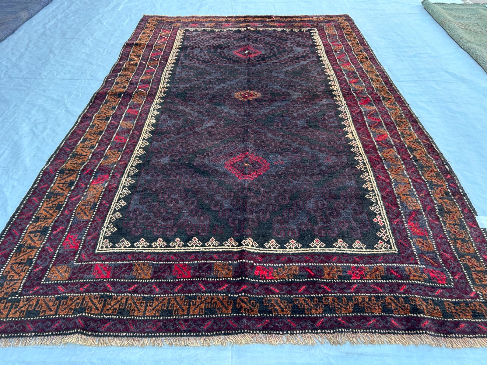 Vintage  5x8 Afghan Black Wool Diamond Geometric Boho Living Room Area Rug