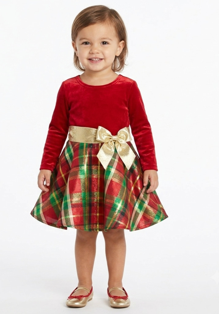 Bonnie Jean Girls Christmas Dress Red Velvet Plaid Gold Bow Mulit Size\'s NWT Bonnie Jean Girls Christmas Dress Red Velvet Plaid Gold Bow Mulit Size\'s NWT