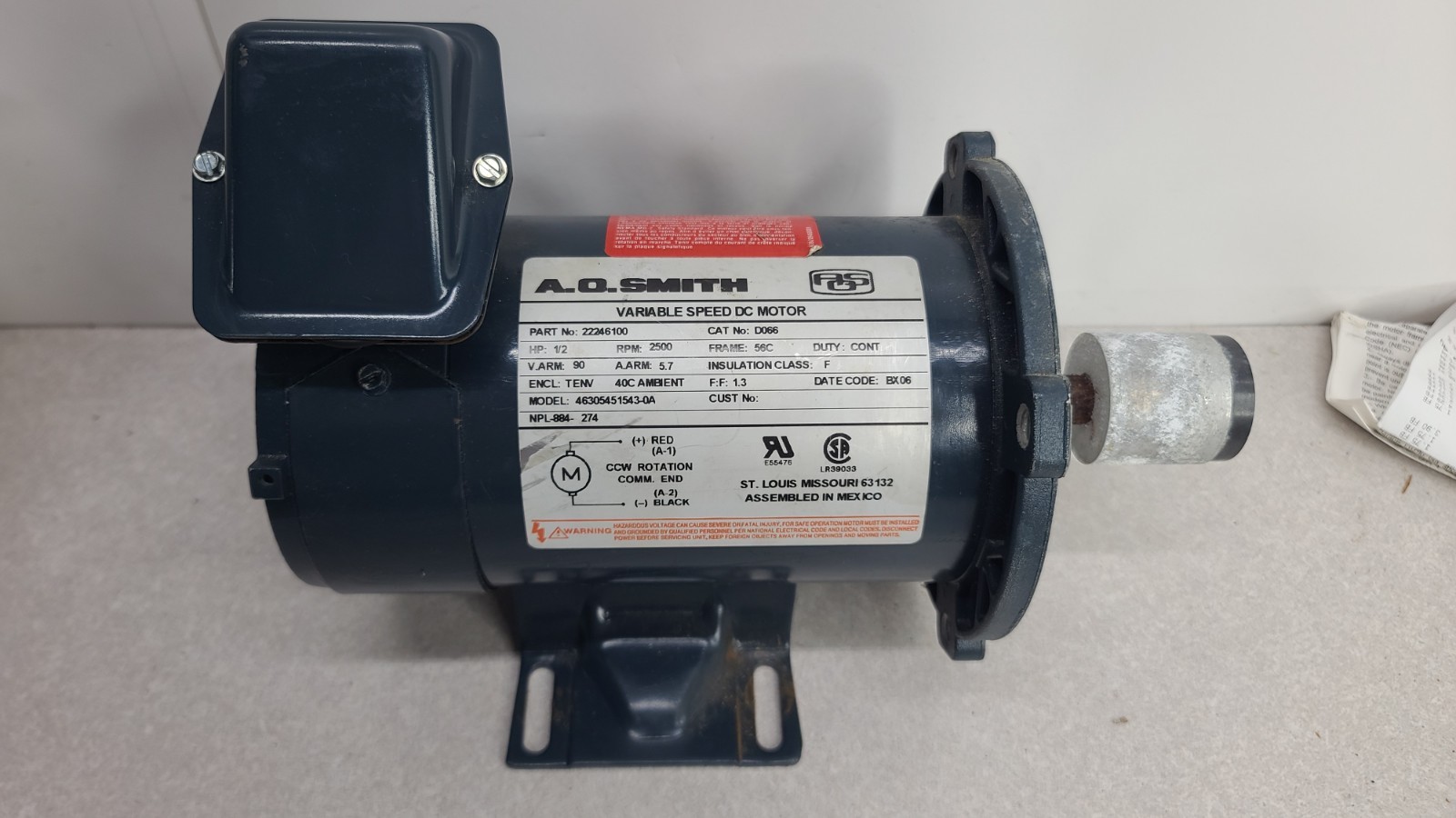 A.O. Smith Variable Speed DC Motor 1/2 HP 2500 Rpm D066 Model 46305451543 