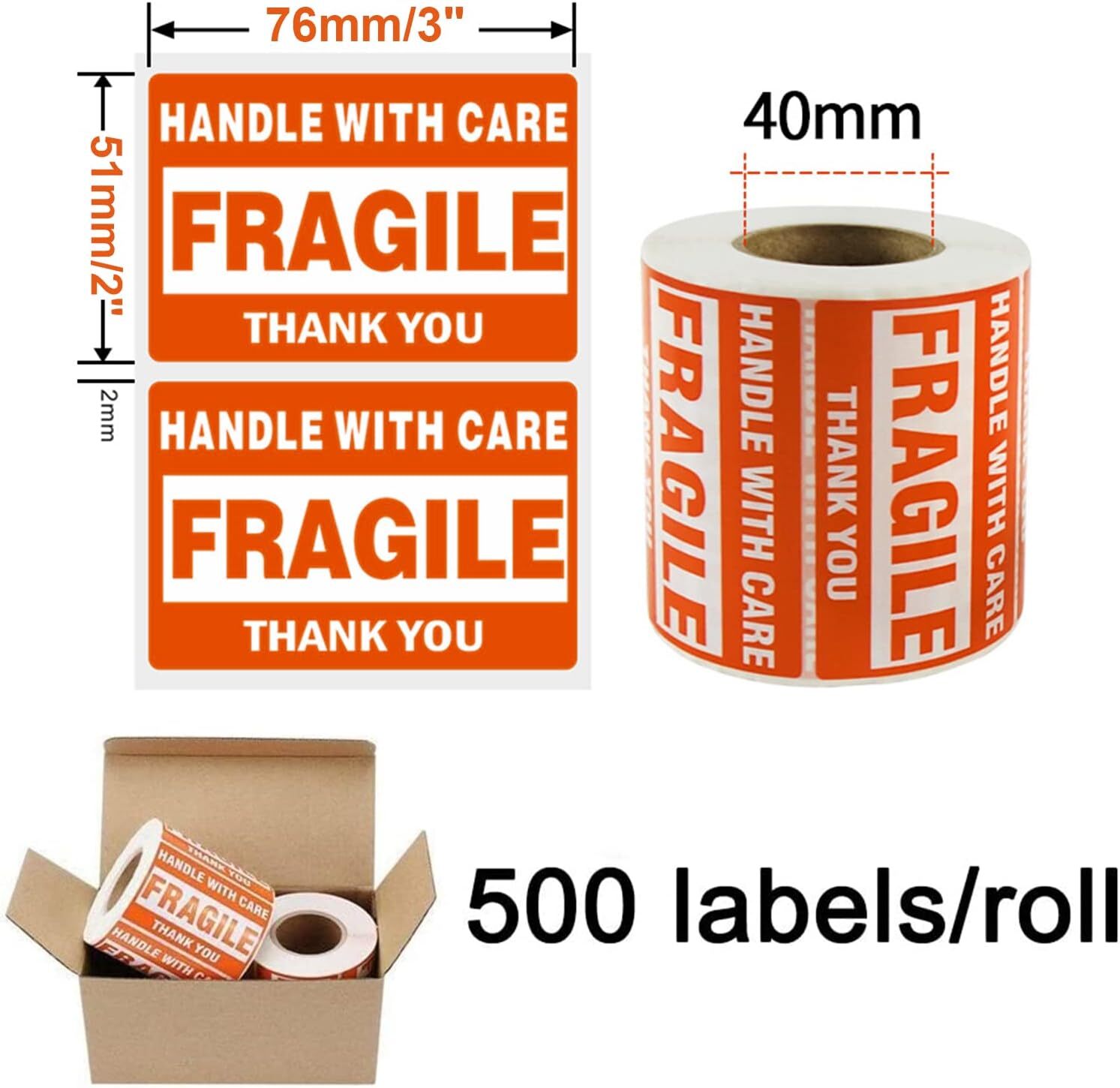 2x3 3x5 Fragile Stickers 500/Roll 