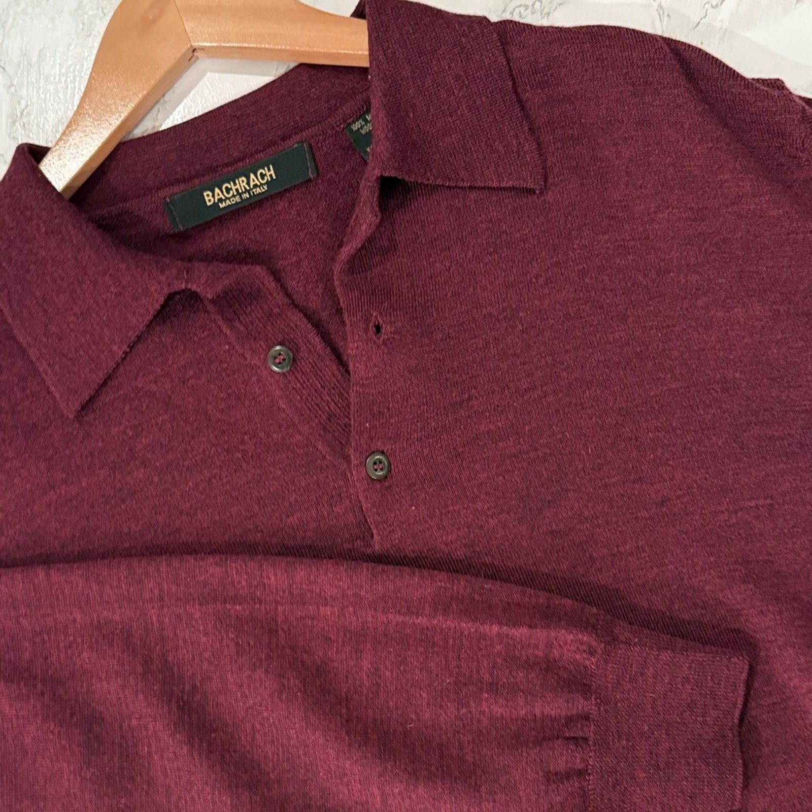 Bachrach Men’s Merino Wool Long Sleeve Polo – Deep Red / Burgundy – Size XL
