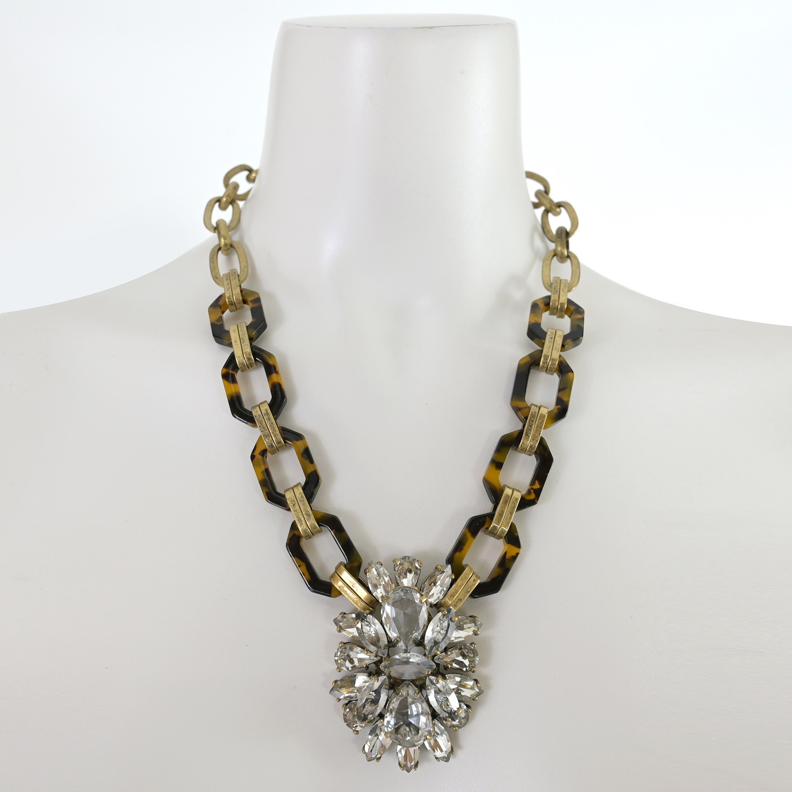 J.Crew Gold Tone Tortoiseshell Link Statement Necklace Crystal Cluster Pendant