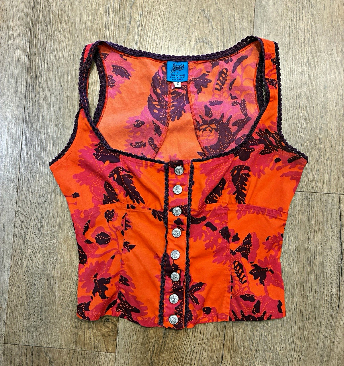 Vintage 90s Y2K Christian Lacroix Floral Corset Button Tank Plunge Top IT 40