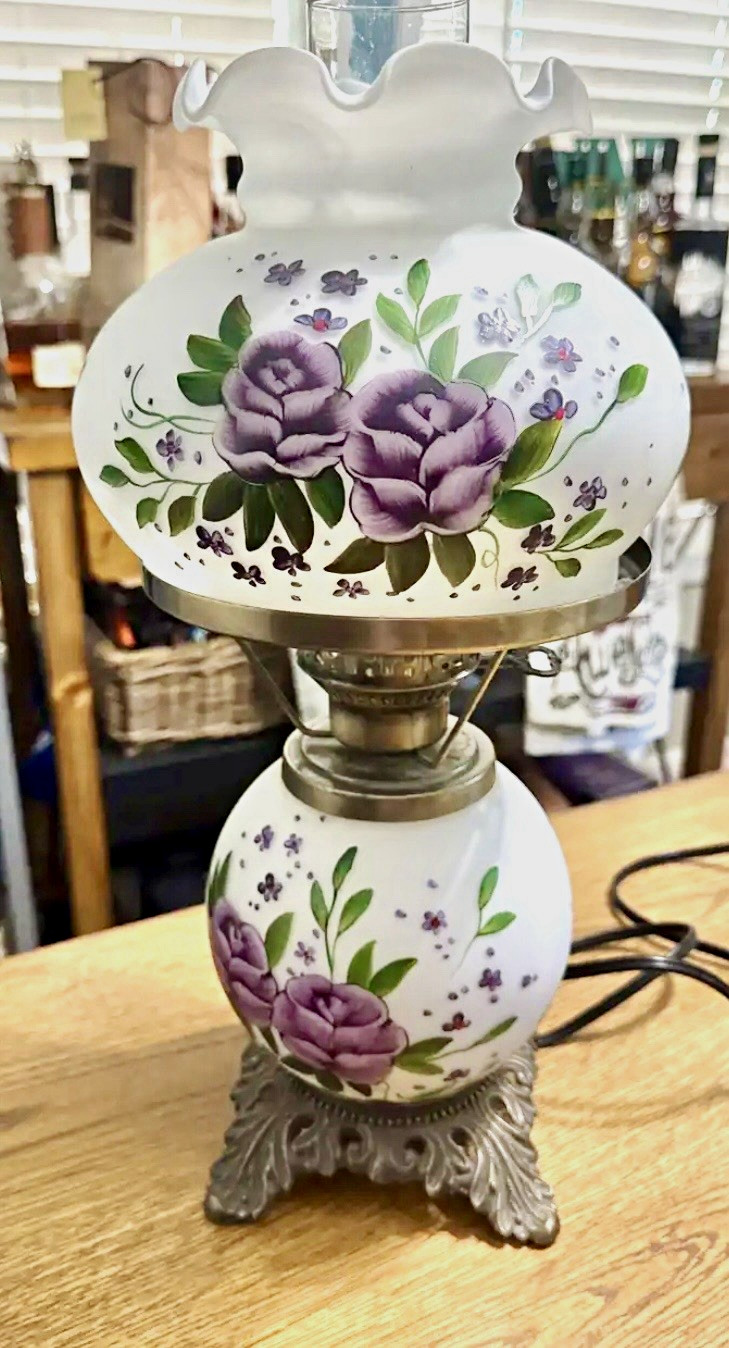 Vintage Gone-With-The-Wind style lamp with hand-painted purple roses
