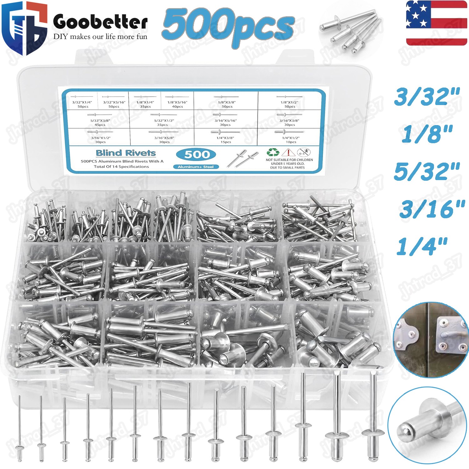 500pcs Pop Rivets Assortment Kit 14 Size SAE Assorted Aluminum Blind Rivets Set