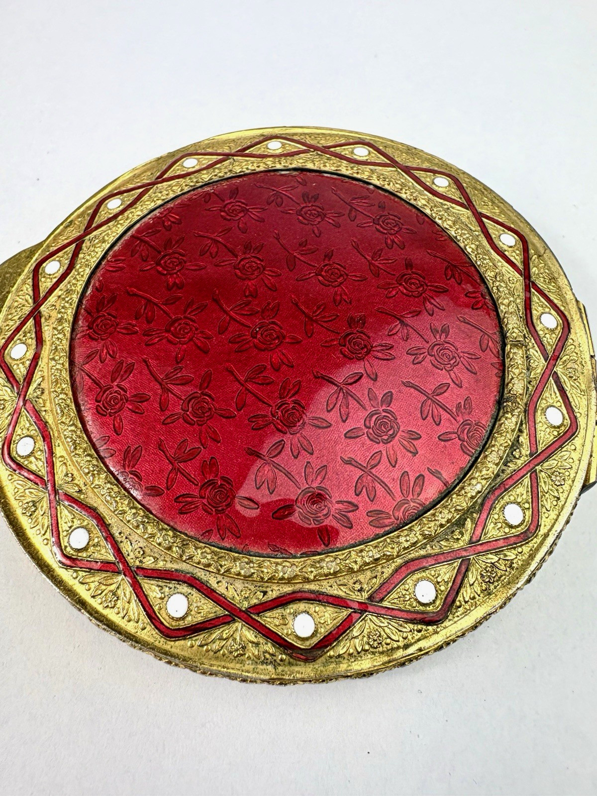Vintage 1950s Italian Brass & Enamel Powder Compact with Puff & Sifter