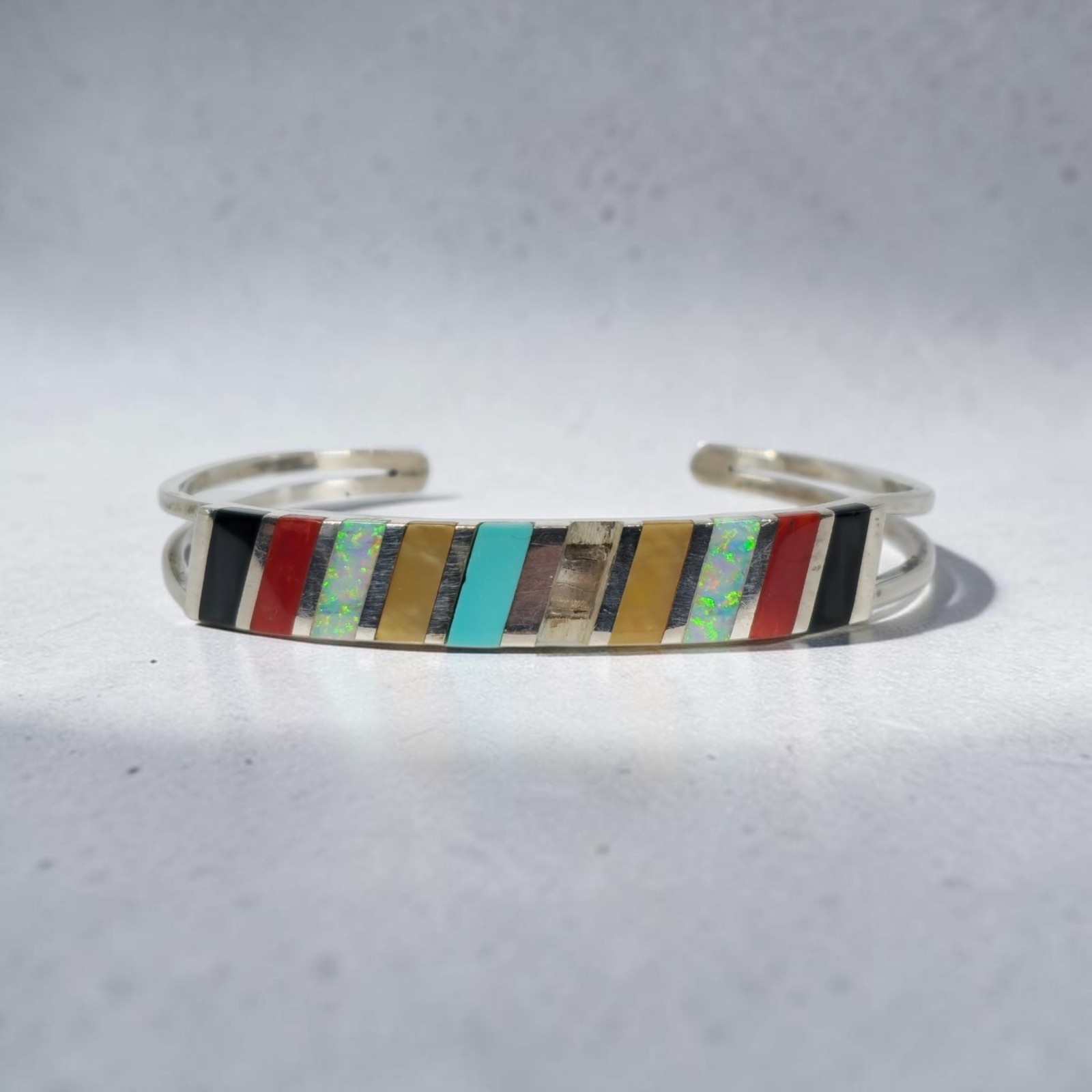 VTG F Sheyka Zuni Sterling Silver Multi Stone Inlay Cuff Bracelet As Is Missing