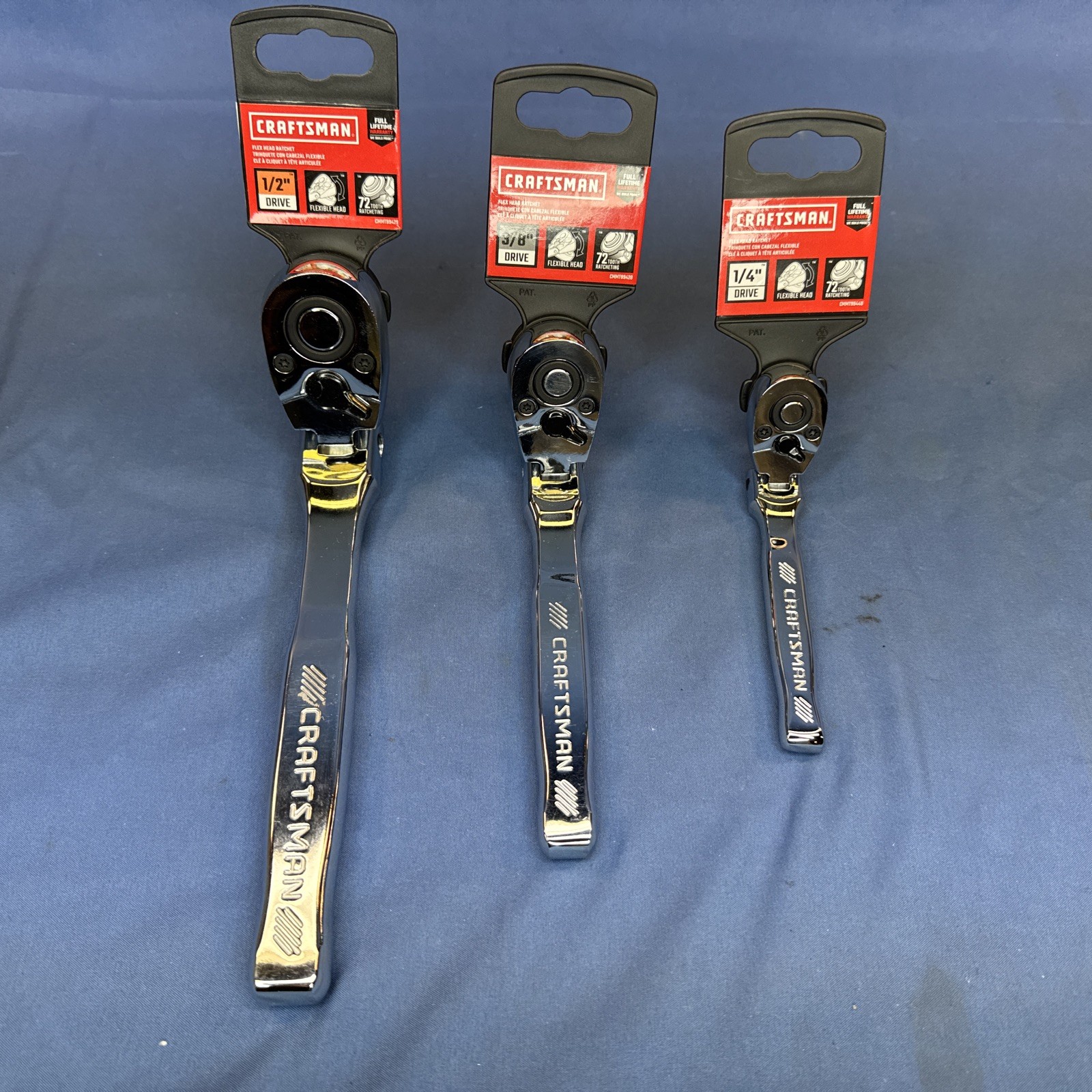 New Craftsman 3 Piece Set 72 Tooth Flex Head Ratchet ~1/2 New Craftsman 3 Piece Set 72 Tooth Flex Head Ratchet ~1/2