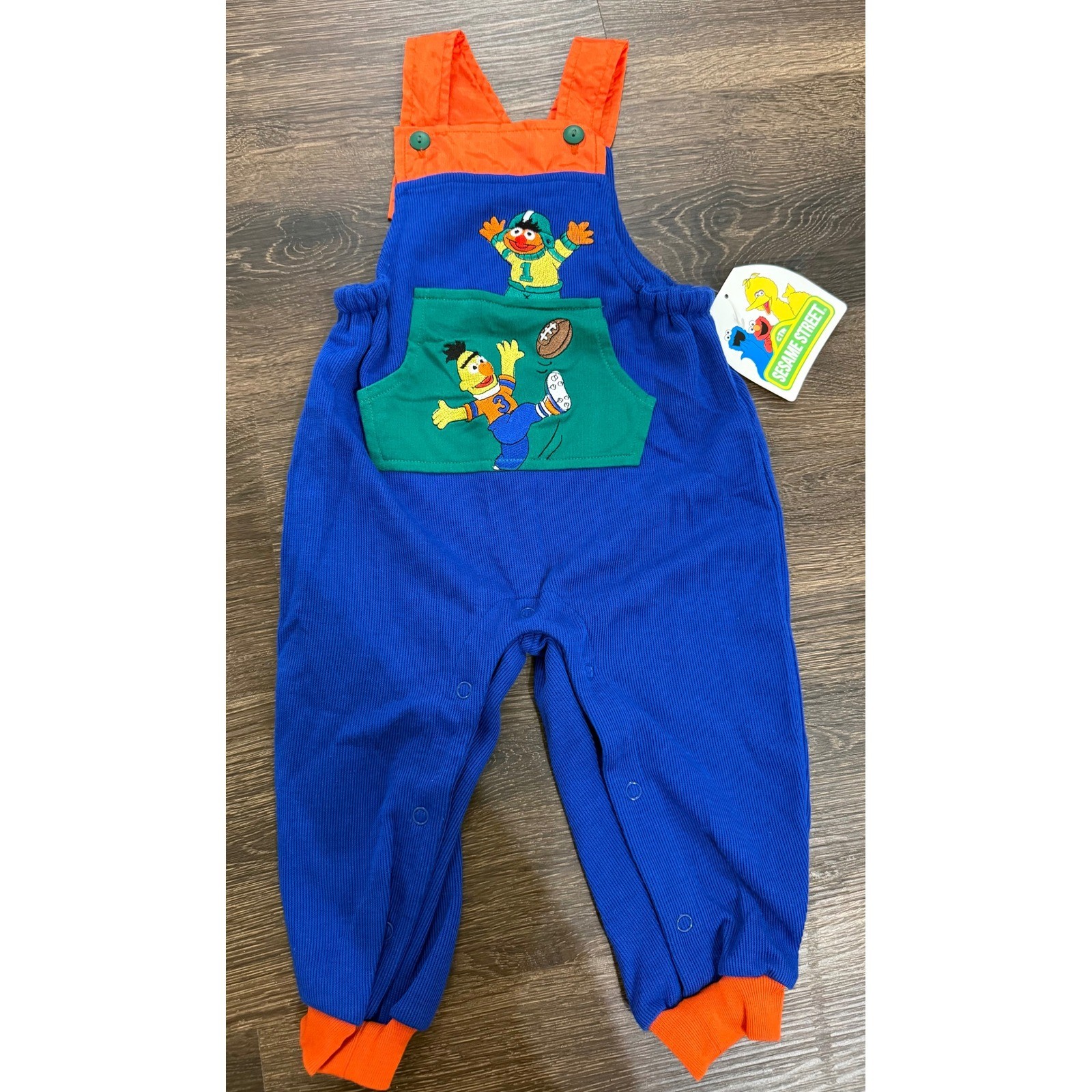 Vintage Sesame Street Bert & Ernie Football Overalls Baby 12M NWT