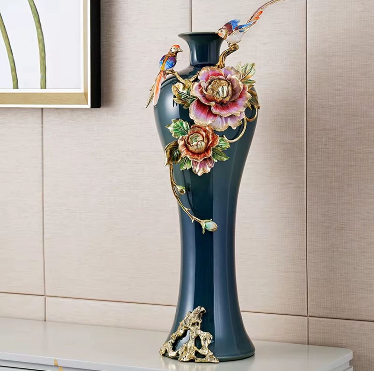 Large Luxury Enamel Blue Ceramic Vase with Flowers (13x10x30.7\
