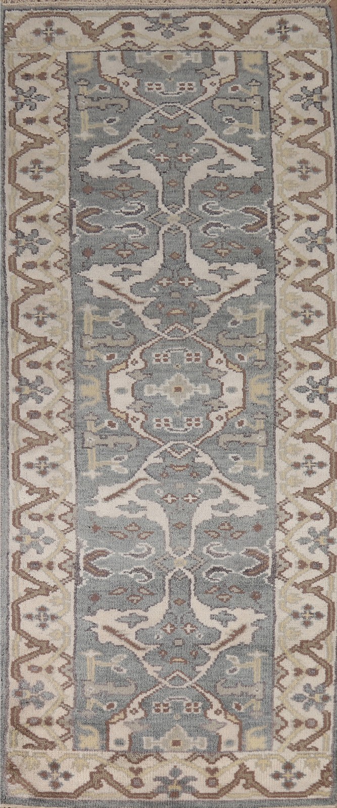 Geometric 8 ft Runner Rug 3x8 Handmade Wool Oushak Indian Gray Hallway Carpet