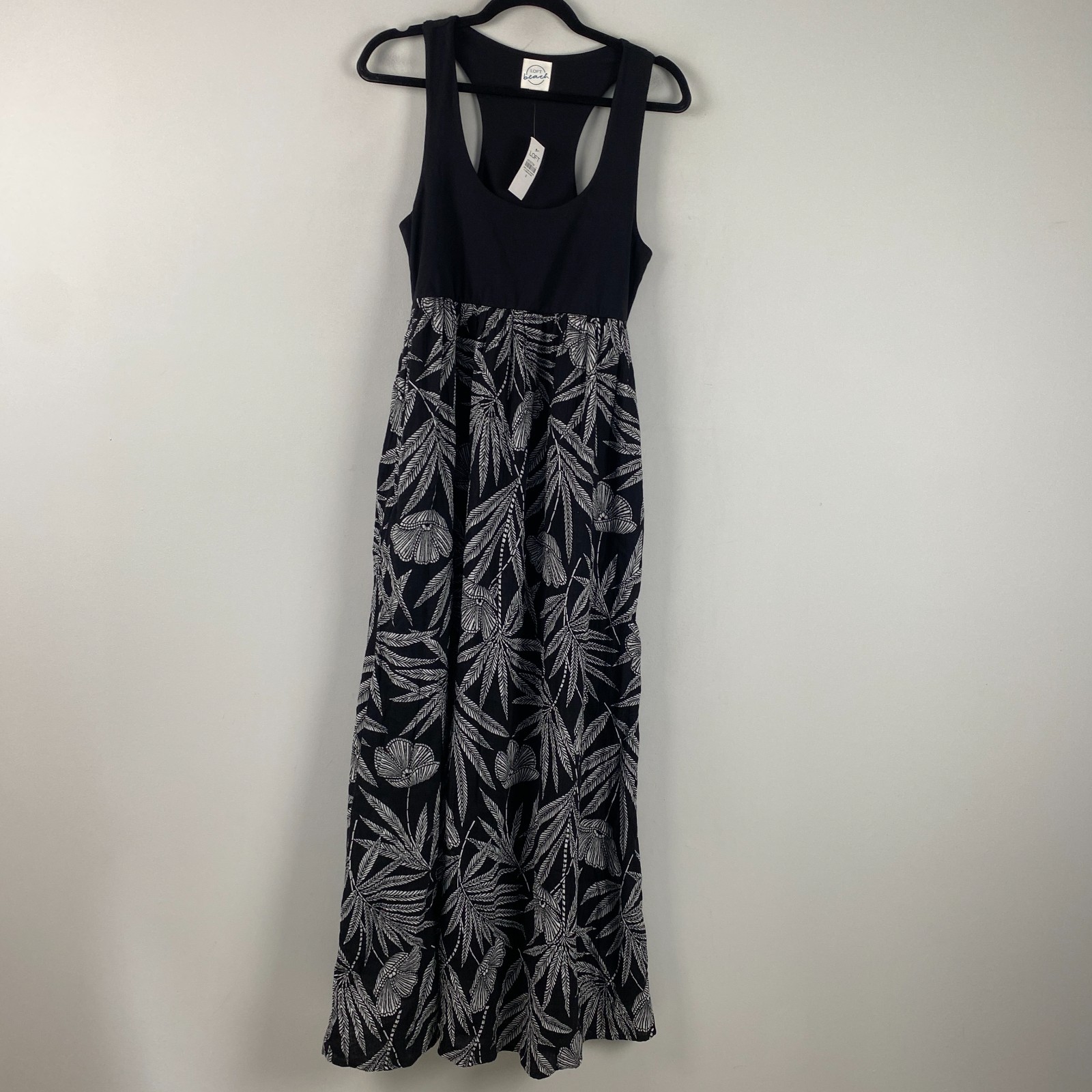 LOFT Beach Palm Mixed Media Maxi Pocket Dress Size Small Sleeveless Black White