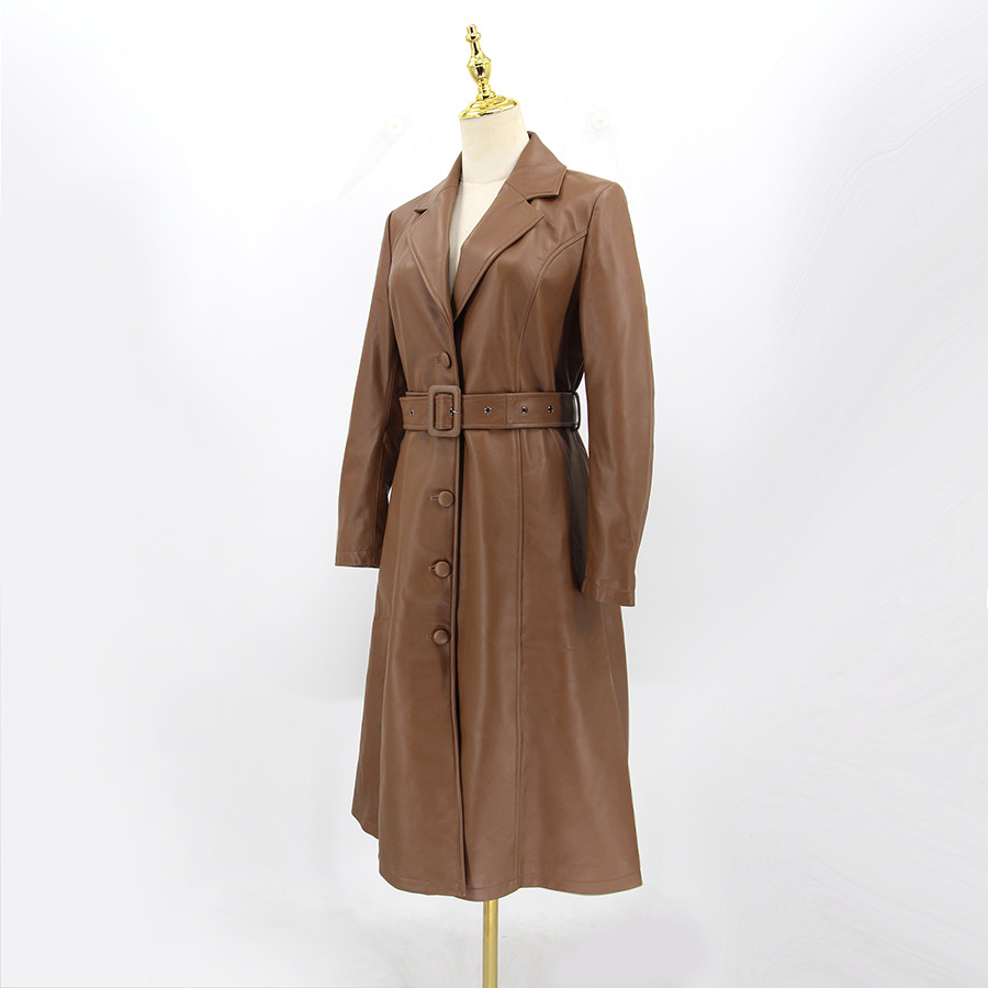 Women Sheepskin Leather Trench Coat Vintage Long Brown Belted Jacket - ALL SIZES