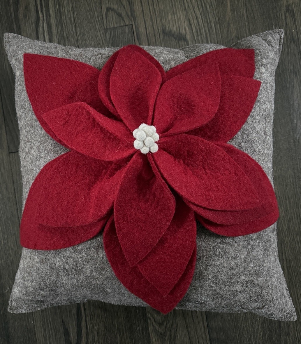 Arcadia Home Wool Pillow Poinsetta Red Felt Flower Christmas Holiday Decor 20”