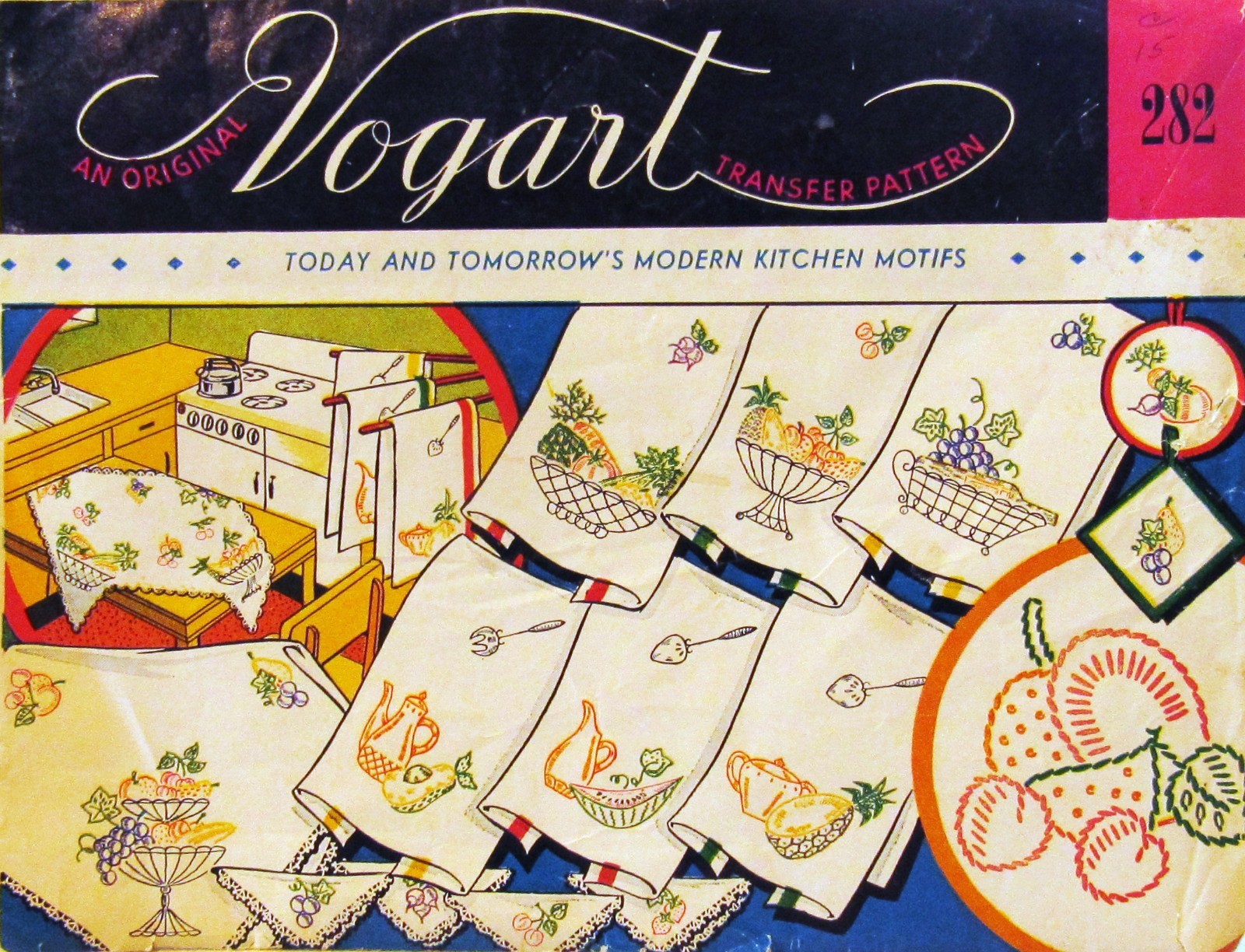 VTG VOGART 282 Modern Kitchen Motifs Fruit Basket Embroidery Transfer Pattern UC