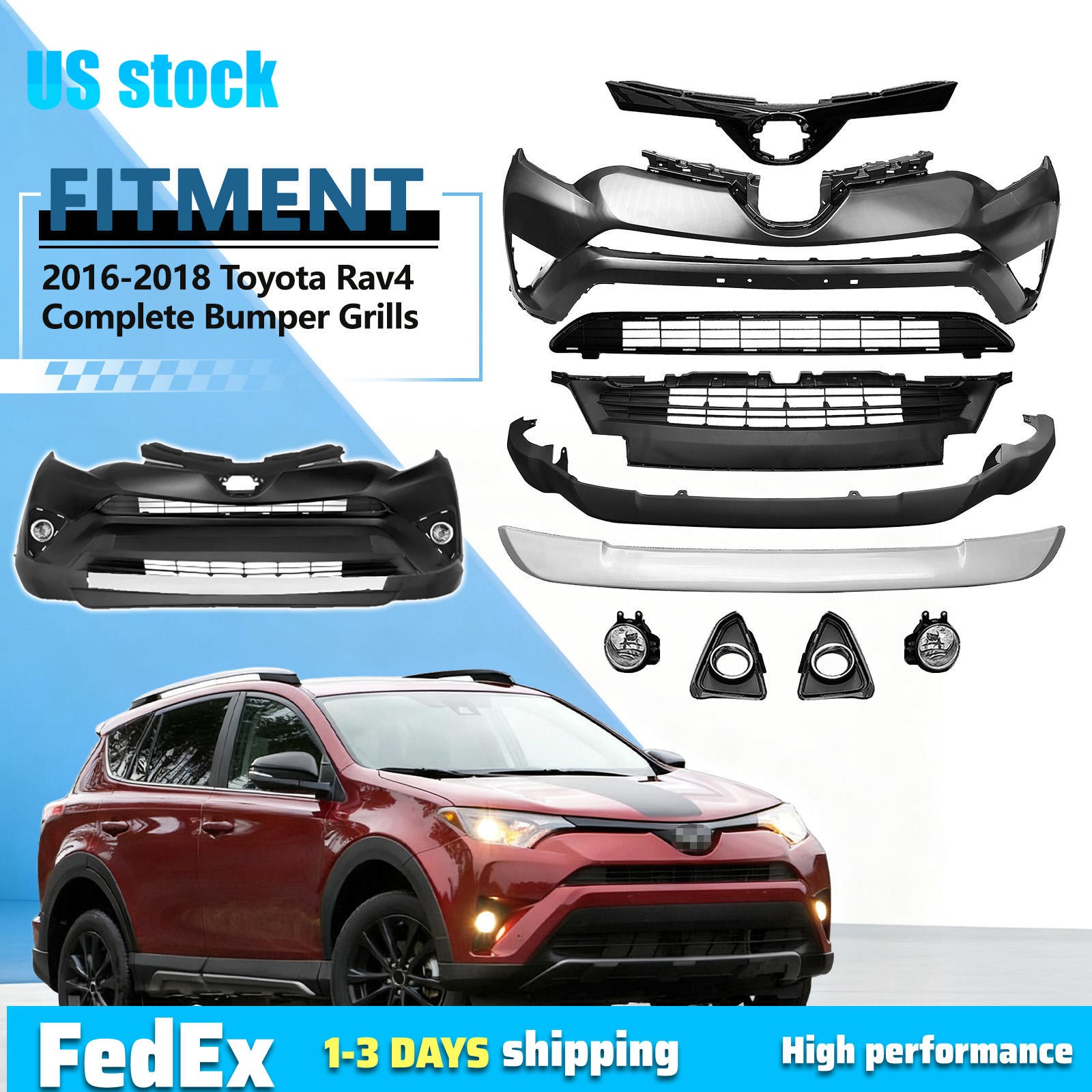 For 2016 2017 2018 Toyota Rav4 Complete Bumper Grills Skid Plate With Fog Lights