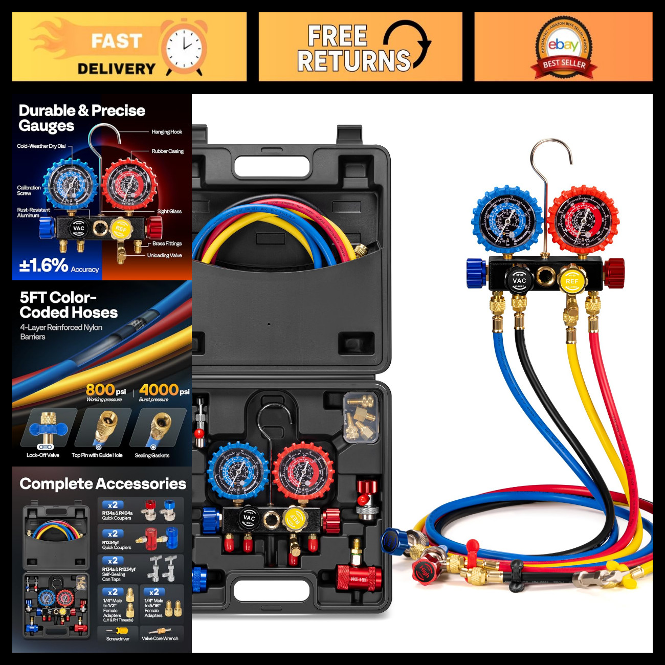 4-Way HVAC Gauges Set with R134a R1234yf Quick Couplers & Can Taps - AC Repair T