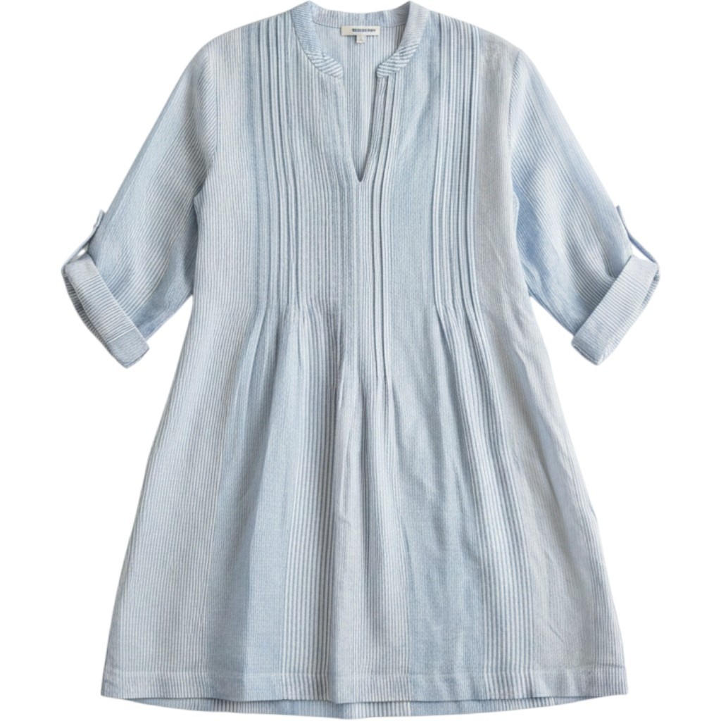 Madewell Tunic Dress M Blue Striped Pintuck Roll-Tab Sleeve Coastal Summer