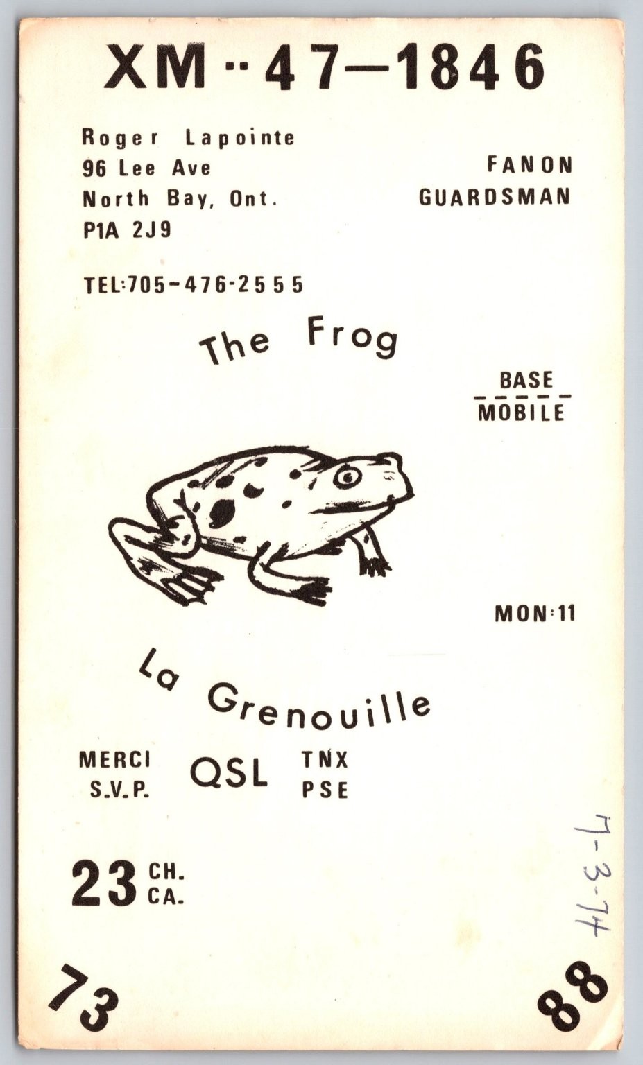 1974 XM-47-1846 Roger Lapointe QSL Card North Bay, Ontario Frog Art B169 1974 XM-47-1846 Roger Lapointe QSL Card North Bay, Ontario Frog Art B169