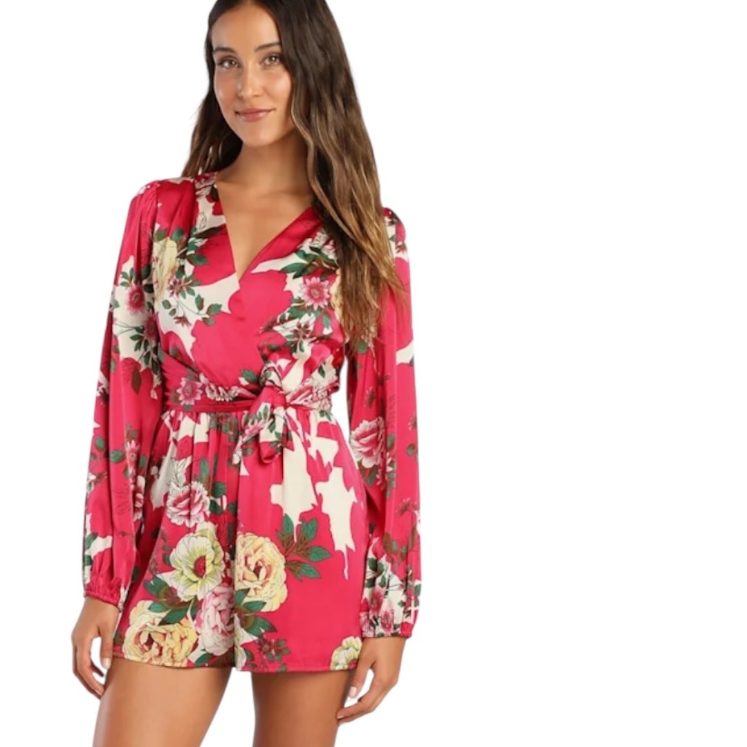 Lulus Lovable Blossom Hot Pink Floral Print Satin Surplice Romper