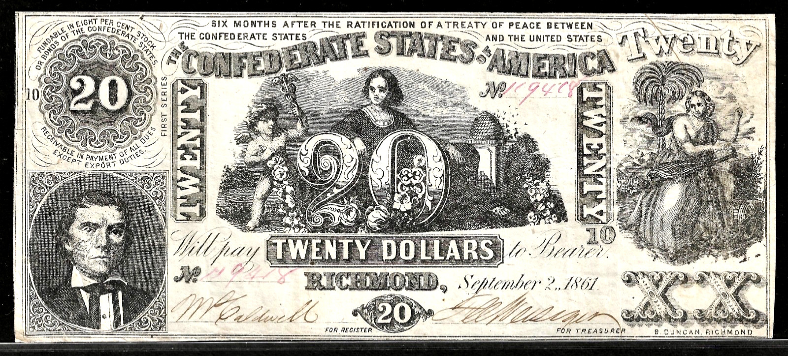 1861 CSA Confederate States of America $20 Note Banknote T-20 PF-5 Cr. 141