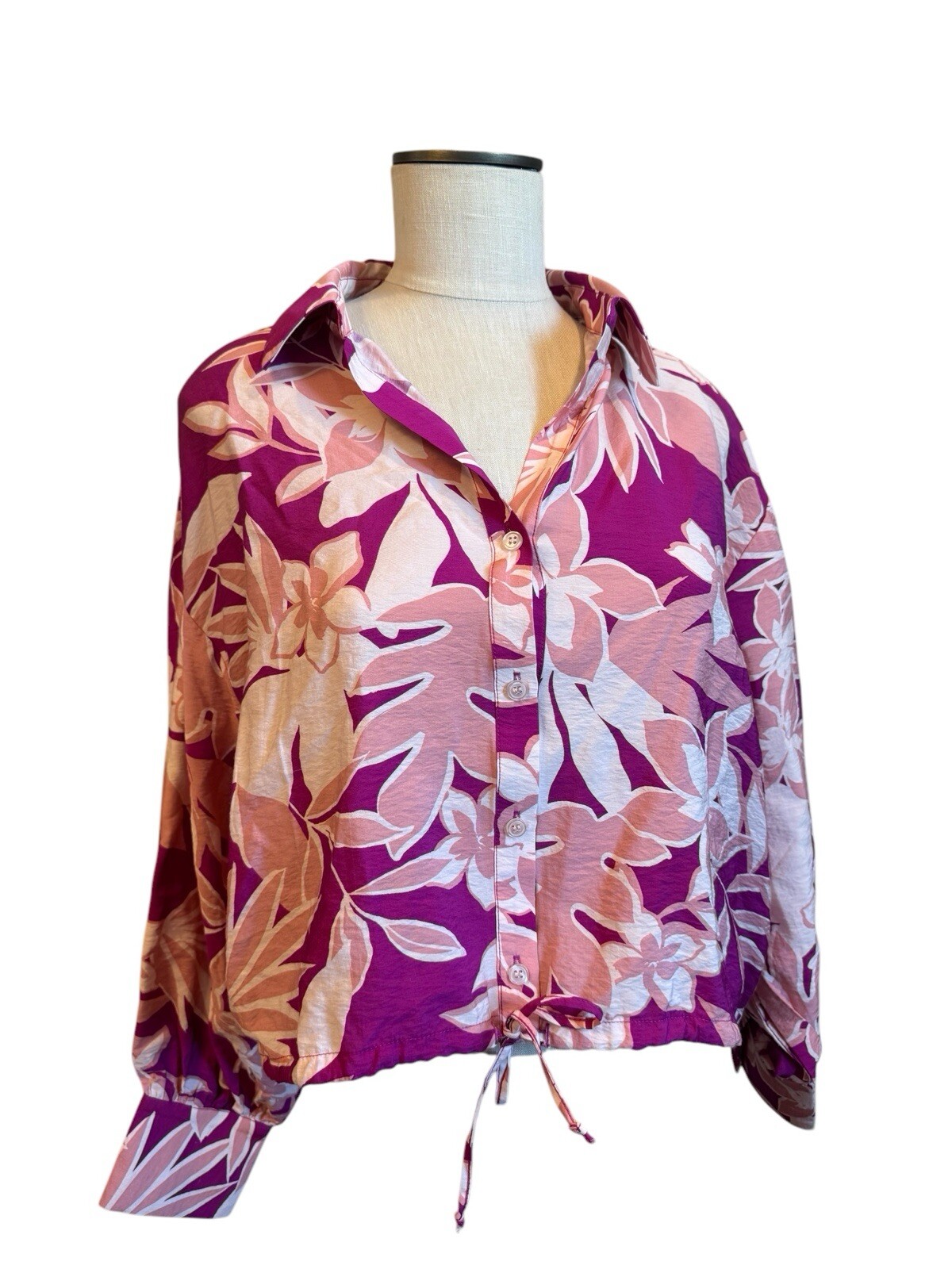 NEW DREW Pink Floral Oversized Crop Button Down Colorful Beach Small