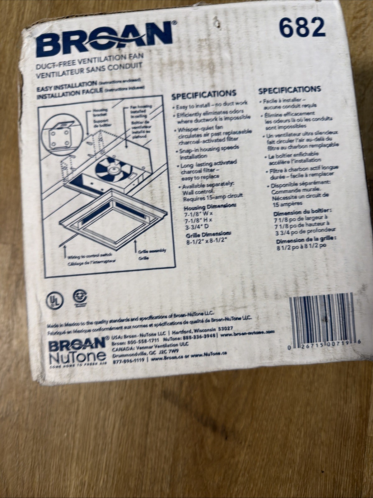 Broan 682 Bathroom Ventilation Fan with Charcoal Filter and White Plastic-Grille