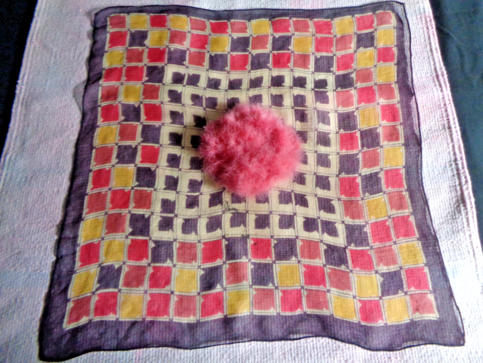 Vintage 1930's powder puff on large handkerchief silk chiffon Vintage 1930's powder puff on large handkerchief silk chiffon