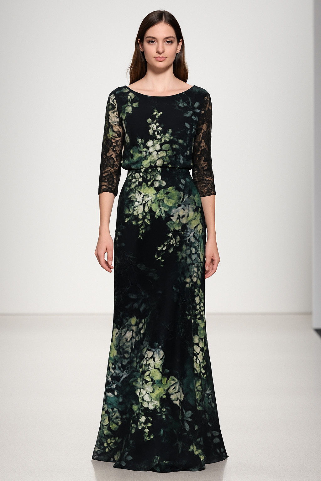 Badgley Mischka Long Sleeves Black Green Floral IT Blouson Gown Sz S Runway $990