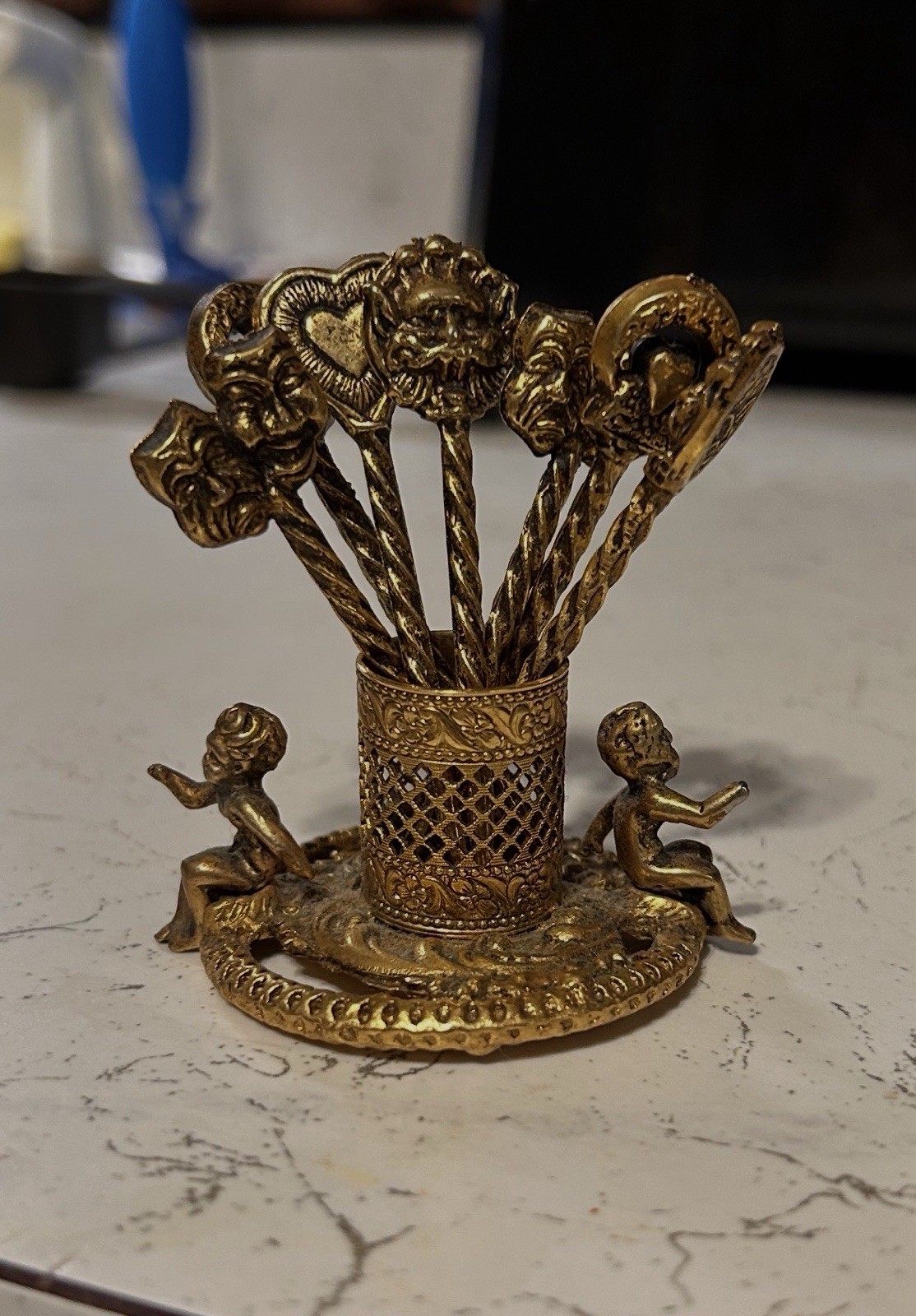 Vtg Baroque Brass Cherub Cocktail Pick Set 7 Putti Appetizer Picks Holder