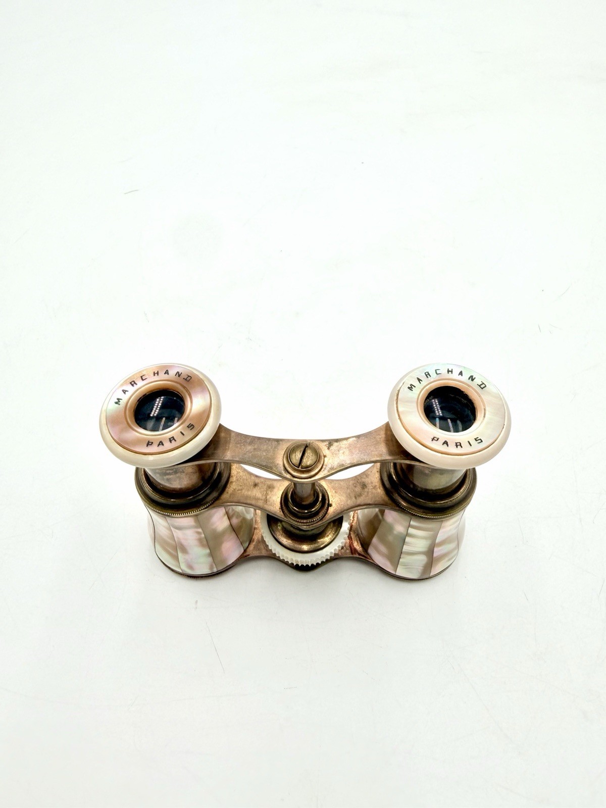 Vintage Mother of Pearl Opera Glasses 4” Marchand Paris Brass Early 1900’s? GC