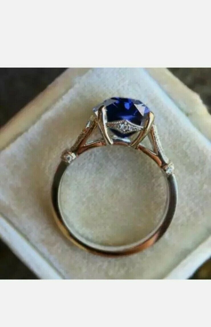 3.20 Ct Natural Sapphire & Diamond Engagement Ring 14K Solid White Gold Size 7