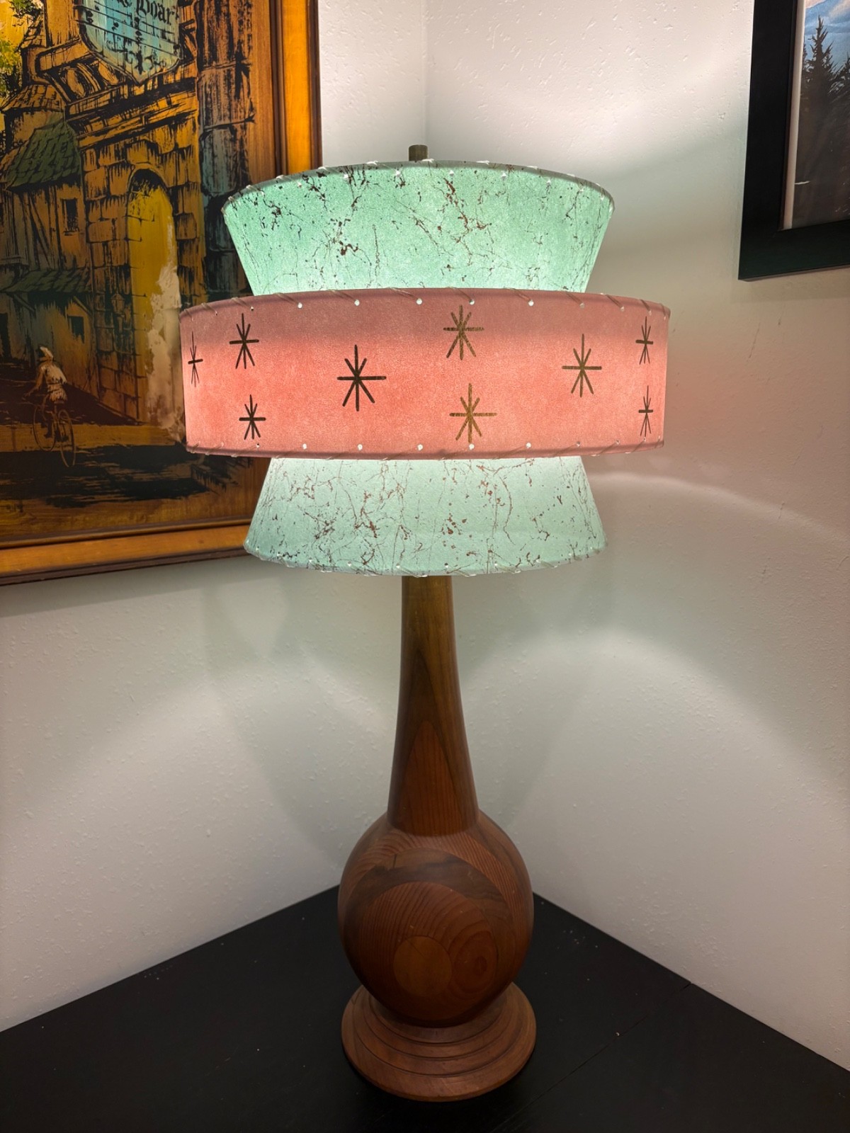 Mid Century Vintage Style Tapered 3 Tier Fiberglass Lamp Shade Sea Foam / Pink