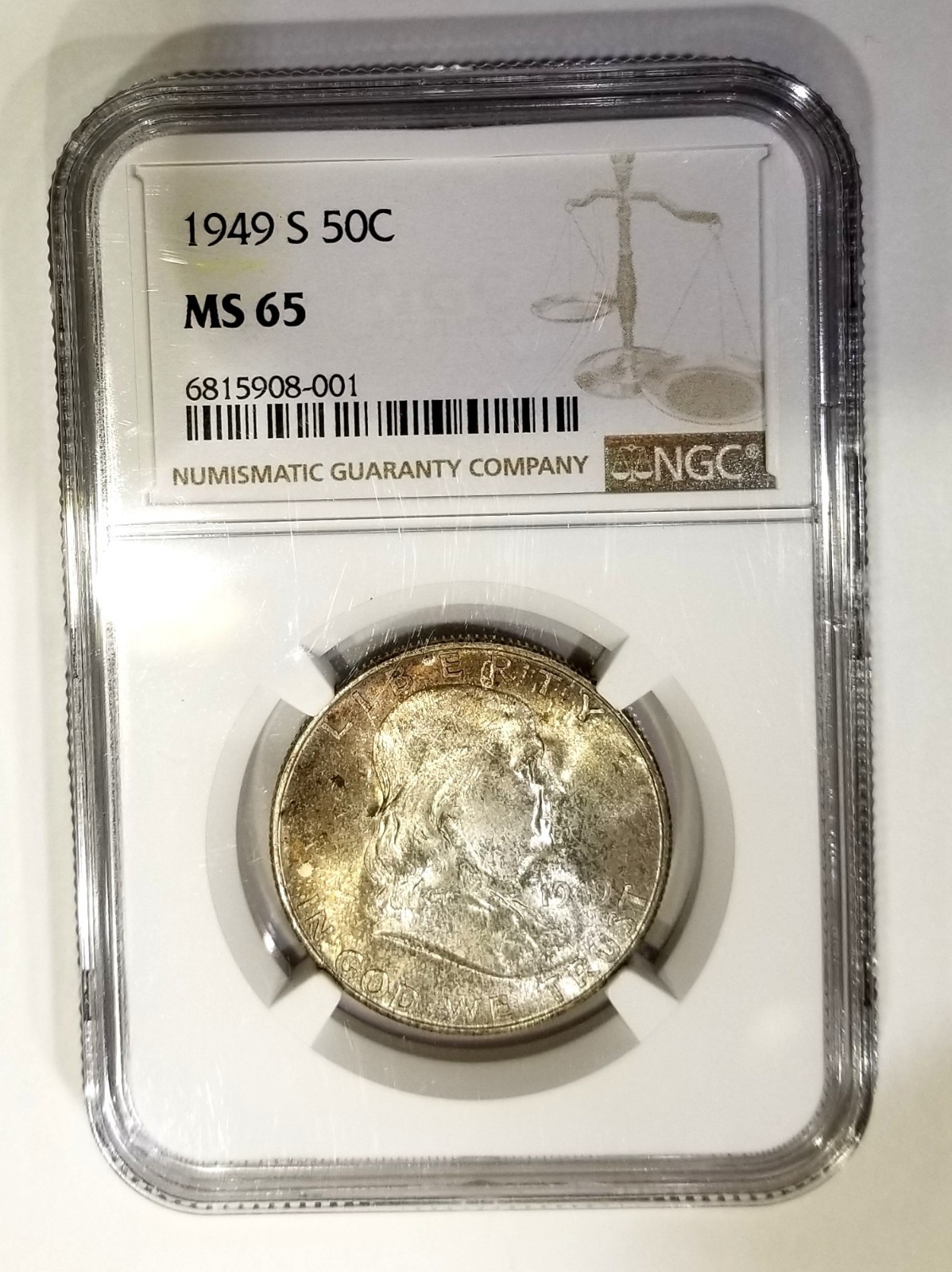 1949-S NGC MS 65 Key Date Franklin Half Dollar Toned Looks FBL Scarce 1949-S NGC MS 65 Key Date Franklin Half Dollar Toned Looks FBL Scarce