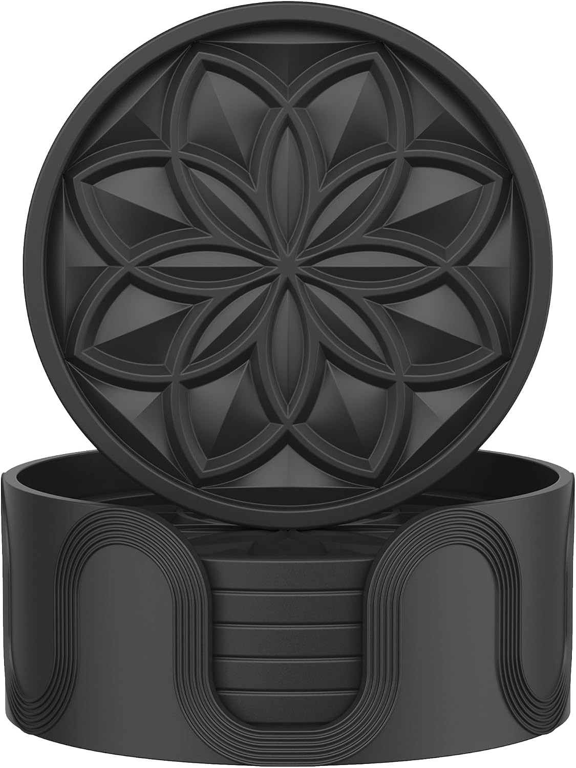 HFHOME Silicone Coasters 6pk w/Holder Black Drink Coffee Table Desk Gift