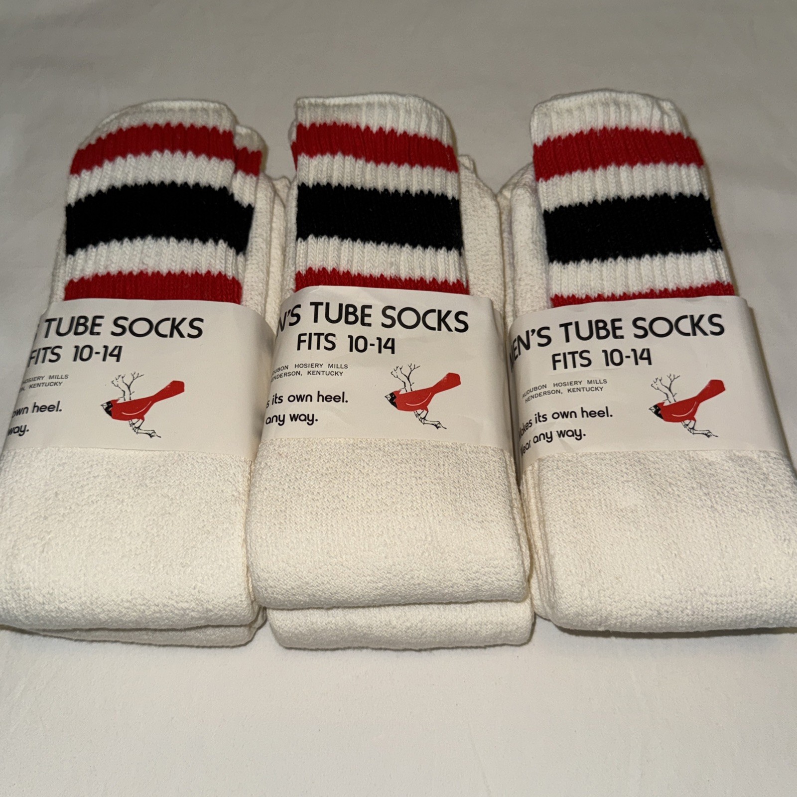 Deadstock Vtg Men’s 6 Pr Cushion TUBE SOCKS Mid Calf 10-14 Lg Striped RED BLACK