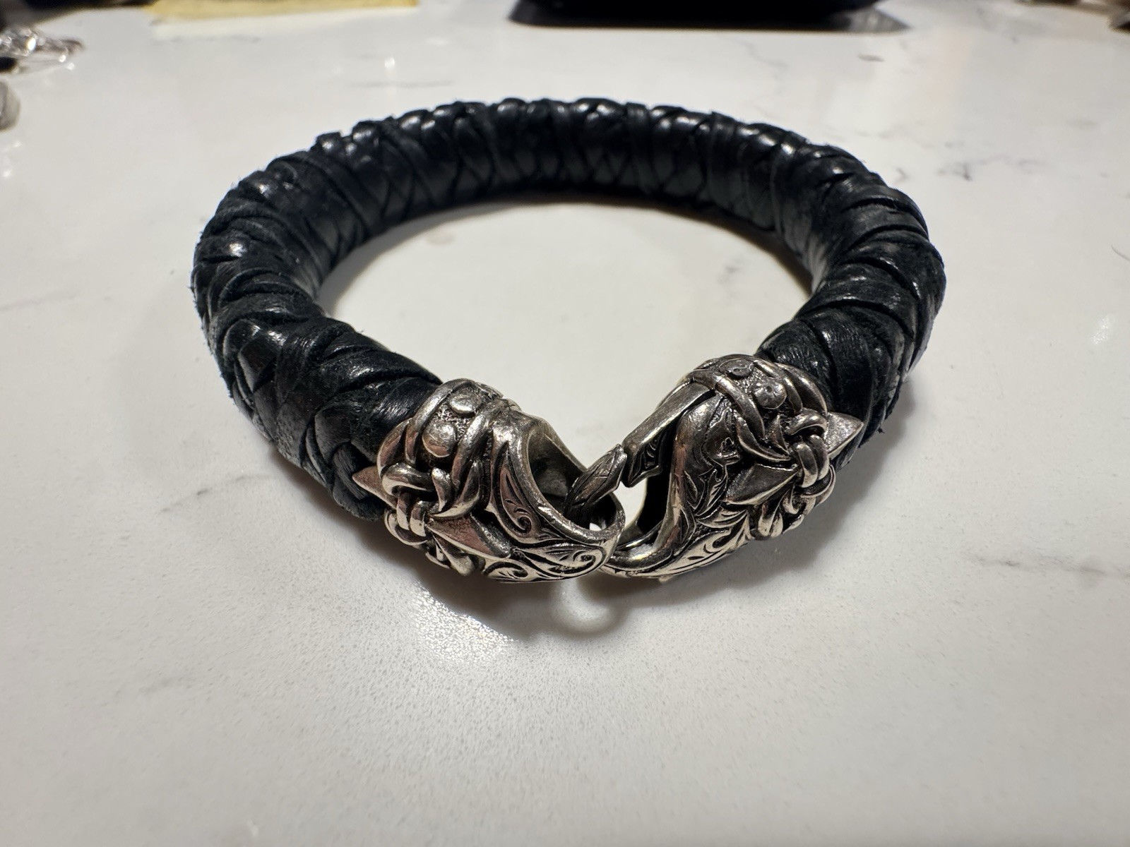 Scott Kay Equestrian Sparta 925 Sterling Silver Black Leather Bracelet Mens 8\