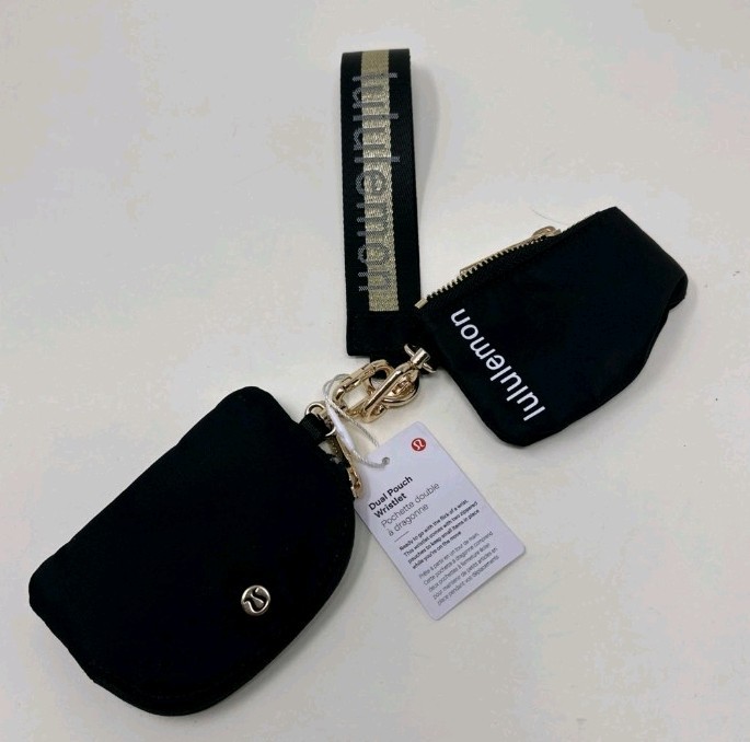 lululemon Dual Pouch Wristlet Black & Gold Keychain Pouch NWT
