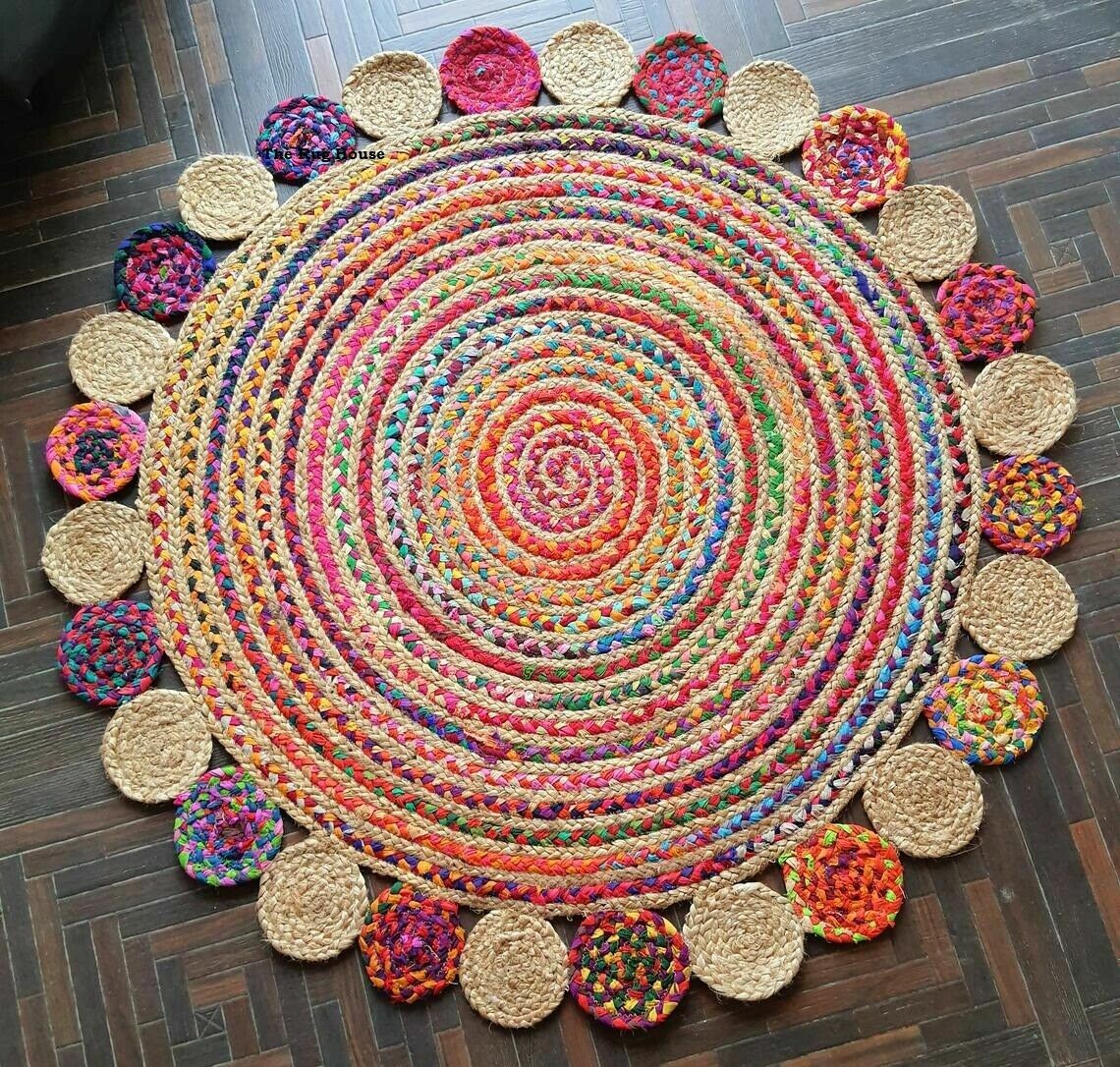 Rug Natural Jute & Cotton Round Design 100% Handmade Carpet Reversible Rug