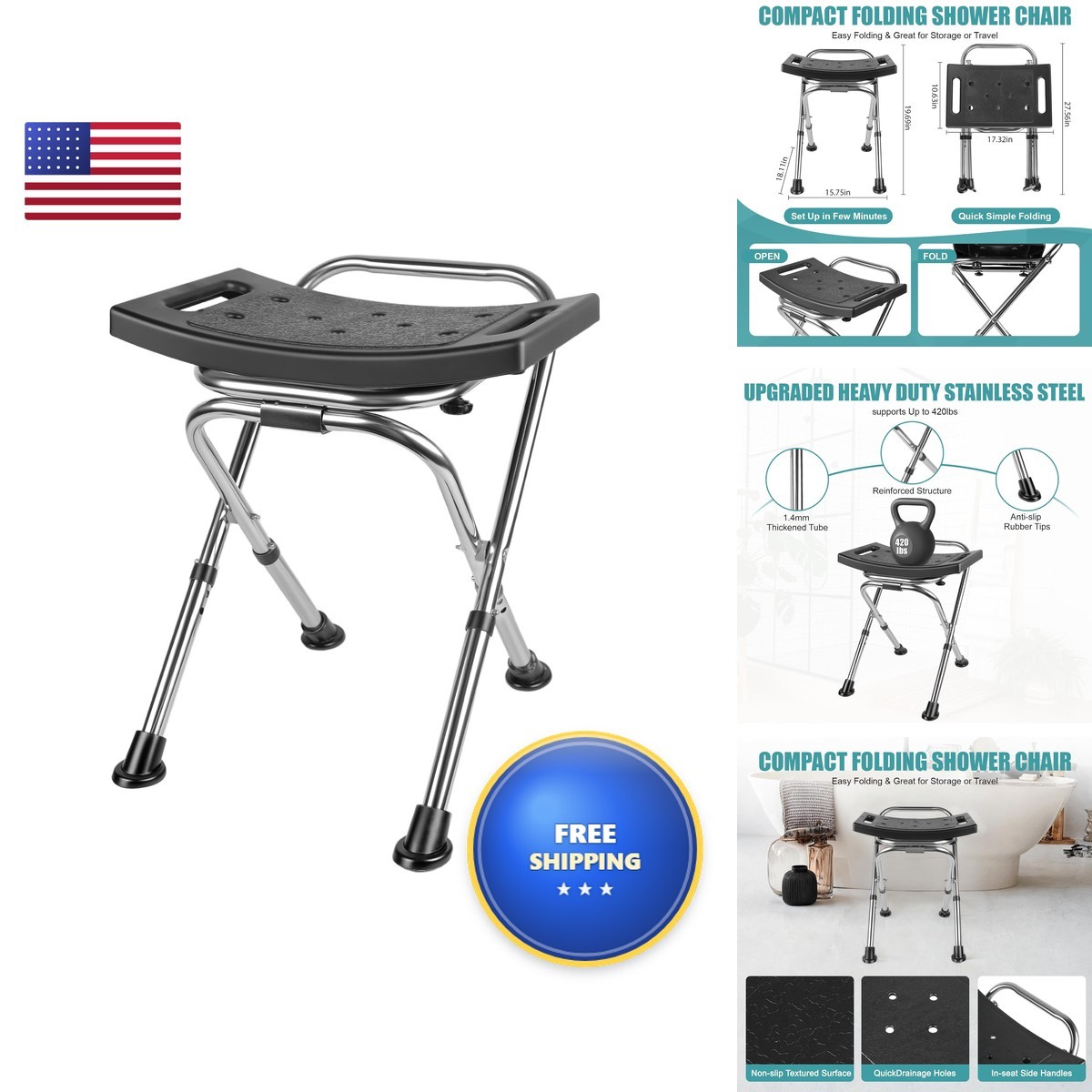 GardEasy Ea-25-56 Stainless Steel Folding Shower Chair 400lbs Black for Seniors GardEasy Ea-25-56 Stainless Steel Folding Shower Chair 400lbs Black for Seniors
