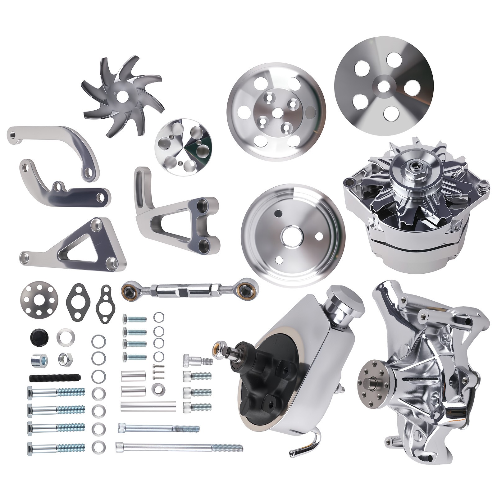 Small Block Chrome Kit for Chevy Chevrolet 350 w/ Long Water Pump Alternator Small Block Chrome Kit for Chevy Chevrolet 350 w/ Long Water Pump Alternator