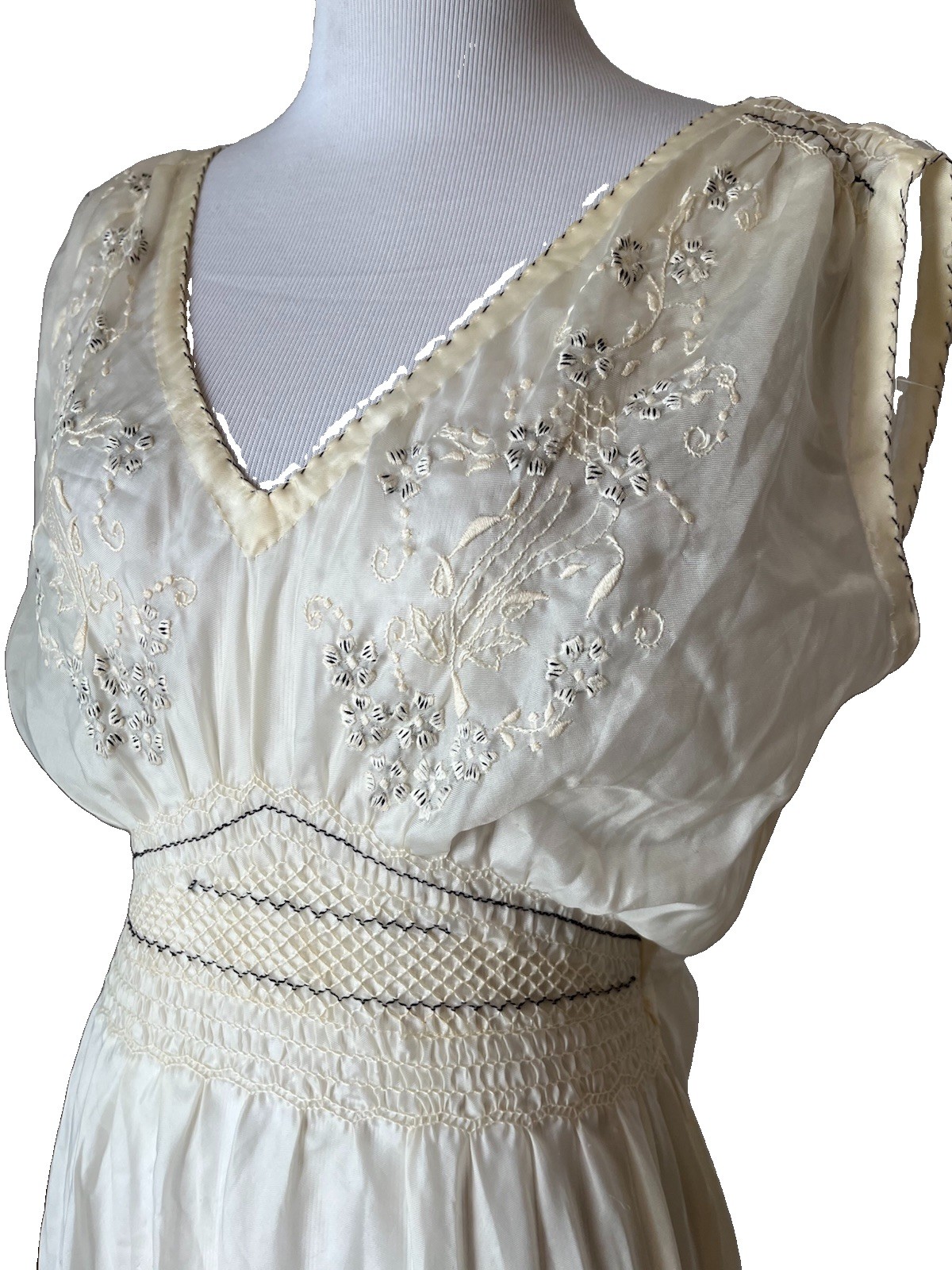 VTg 20s 30s Slip Dress Rayon? Floral Embroidered Ivory Medium?