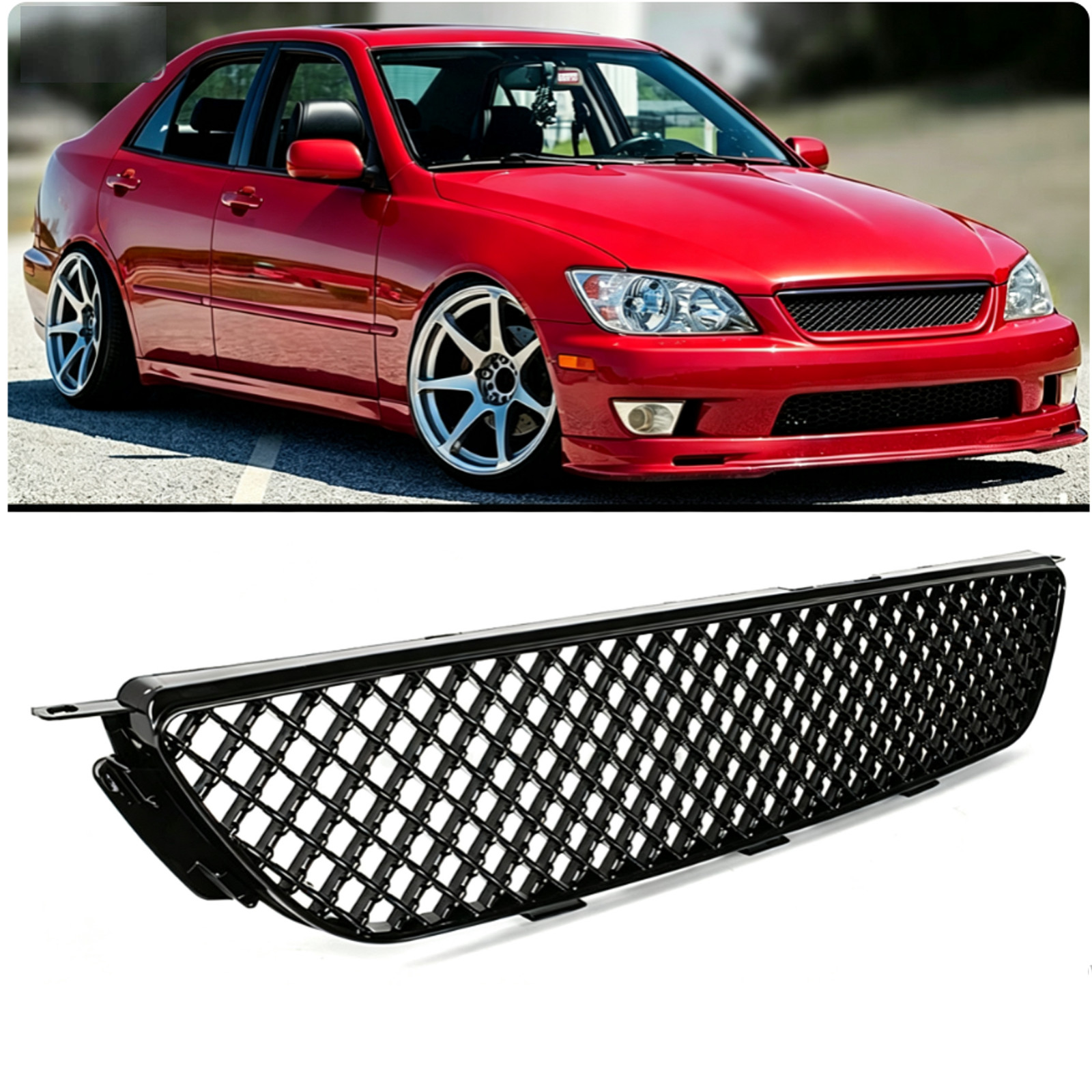Black Diamond Front Bumper Upper Mesh  Grille JDM Style For 01-05 Lexus IS300