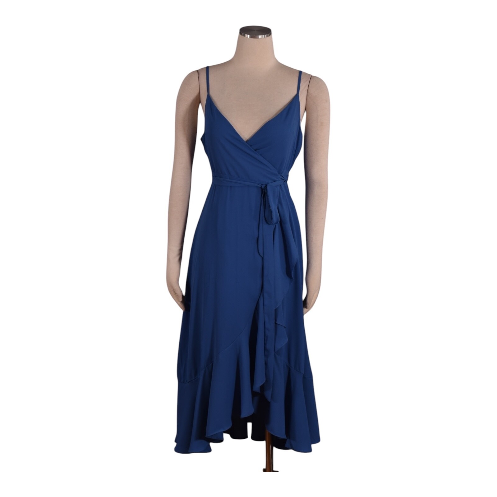 Lulus Women\'s Dress Manhattan Moment Blue Ruffled Midi Wrap High-Low Size S NEW
