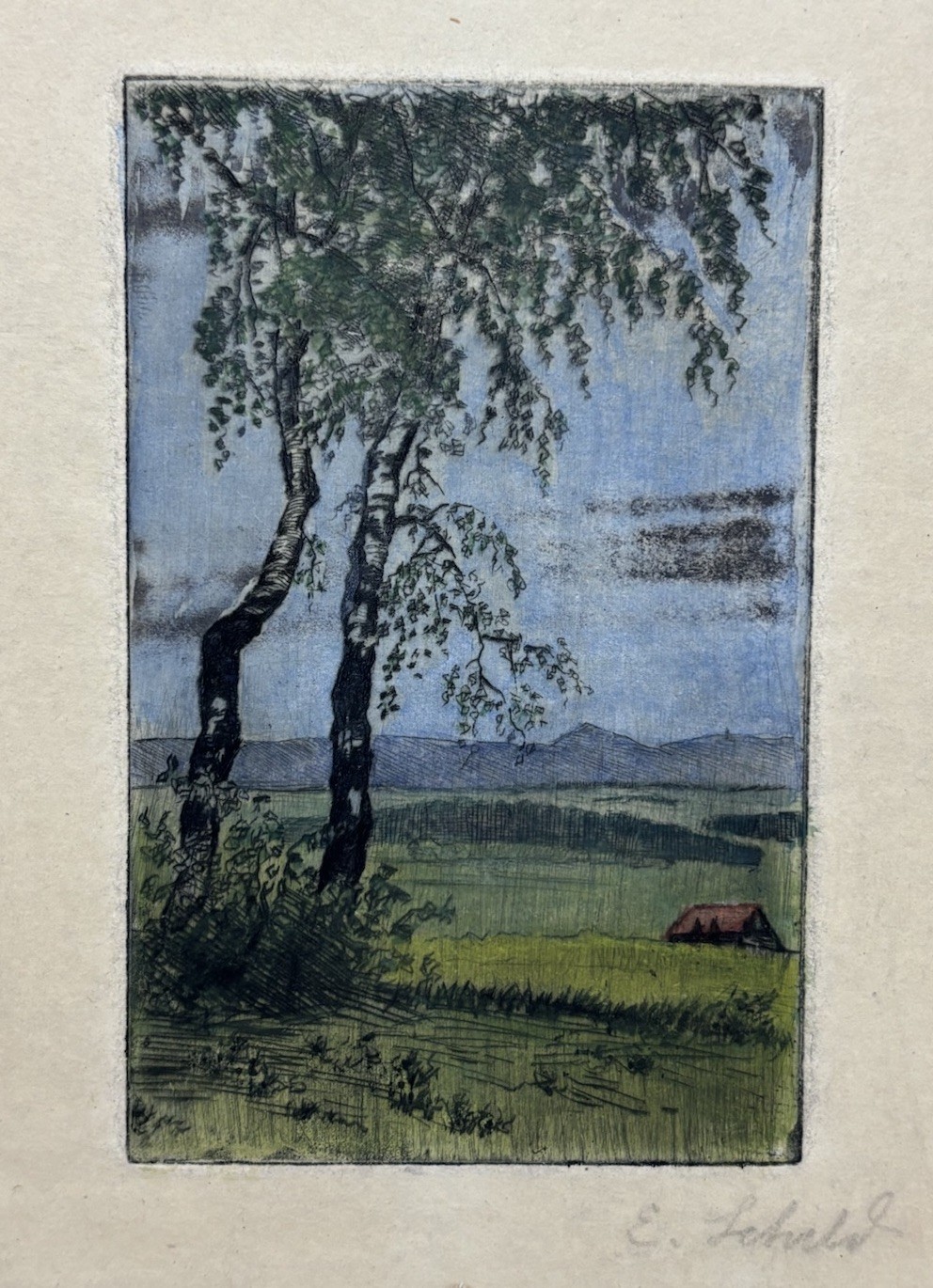 Antique Old Vintage European Woodcut Print Miniature Landscape Pencil Signed