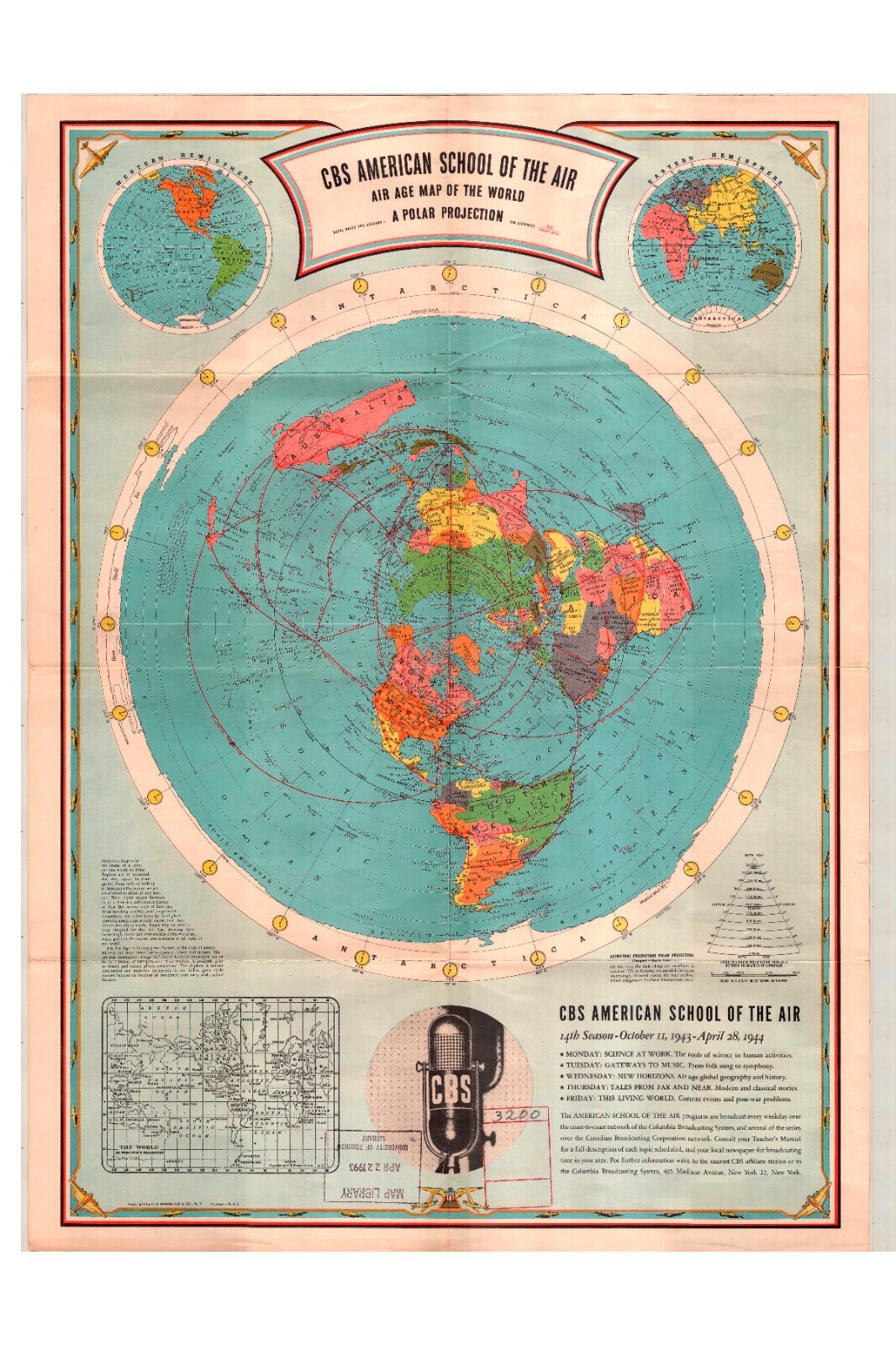 Polar Map, Air Age; CBS School of the Air; Antique ca.1944
