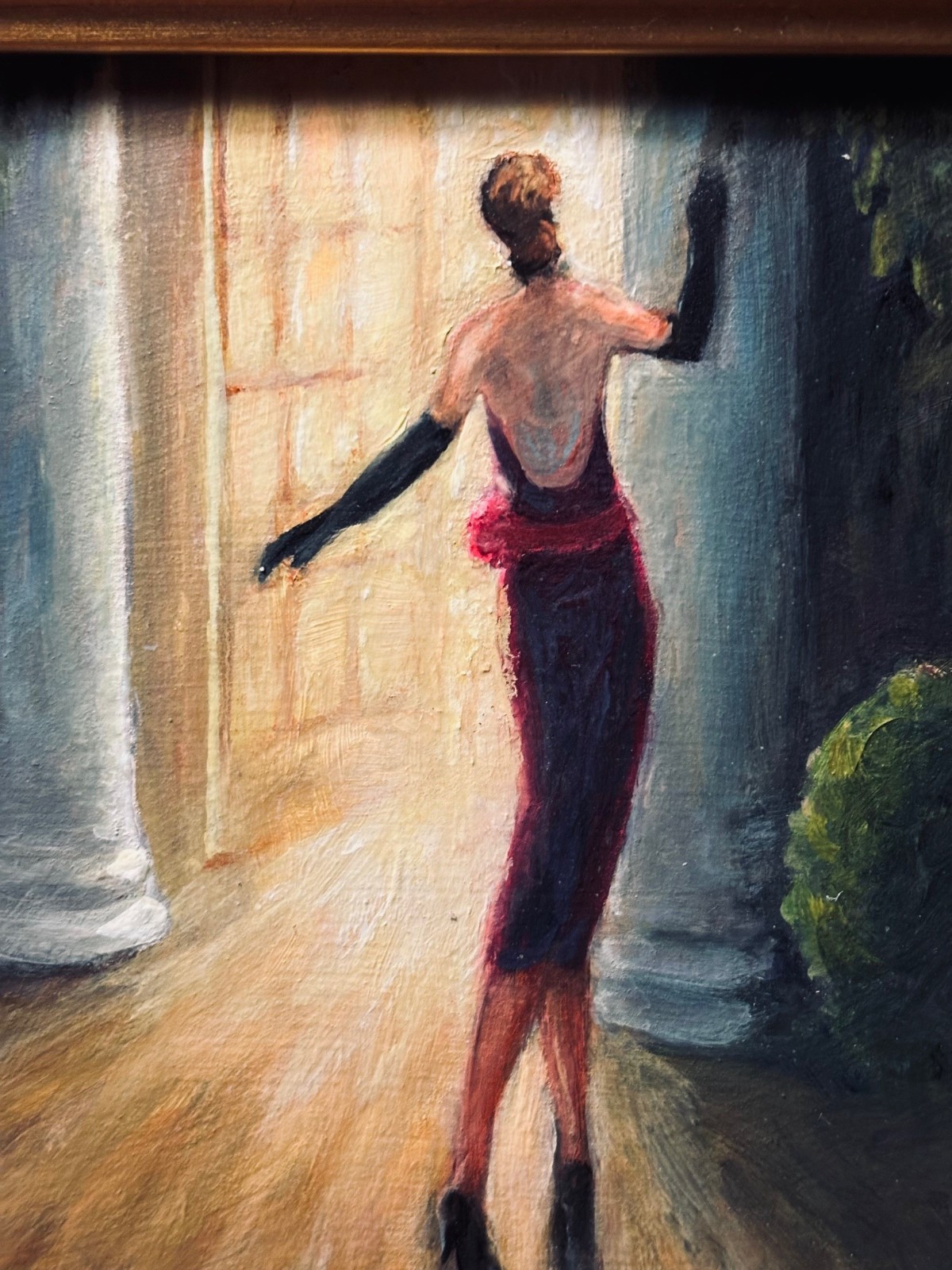 Woman in Red- Original Nocturne Painting, Gold Frame, Classic Glamour Collection