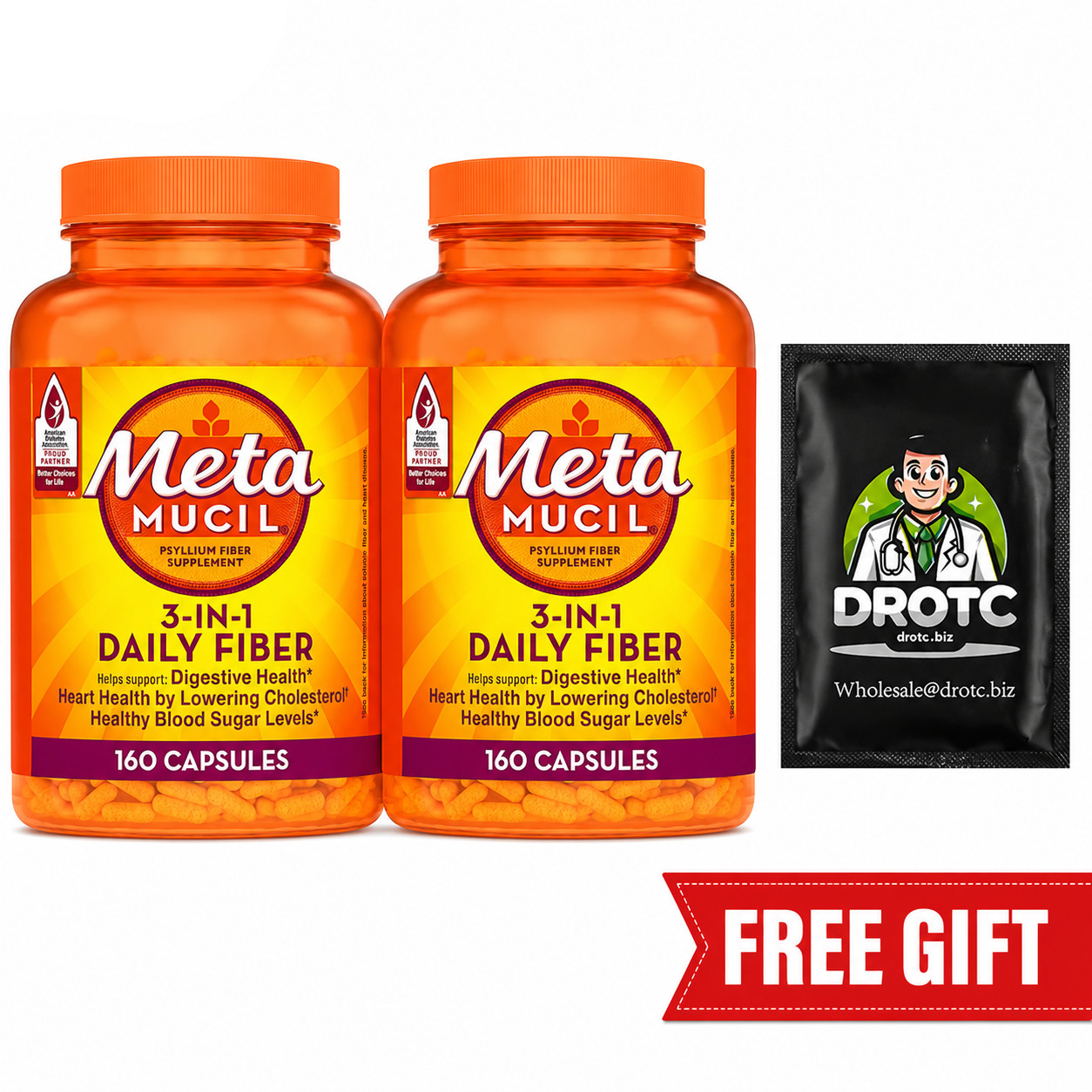 Metamucil 3 in 1 Fiber 160 Capsules 2-Pack + Free DR OTC Eye Wipe Gift 06/27